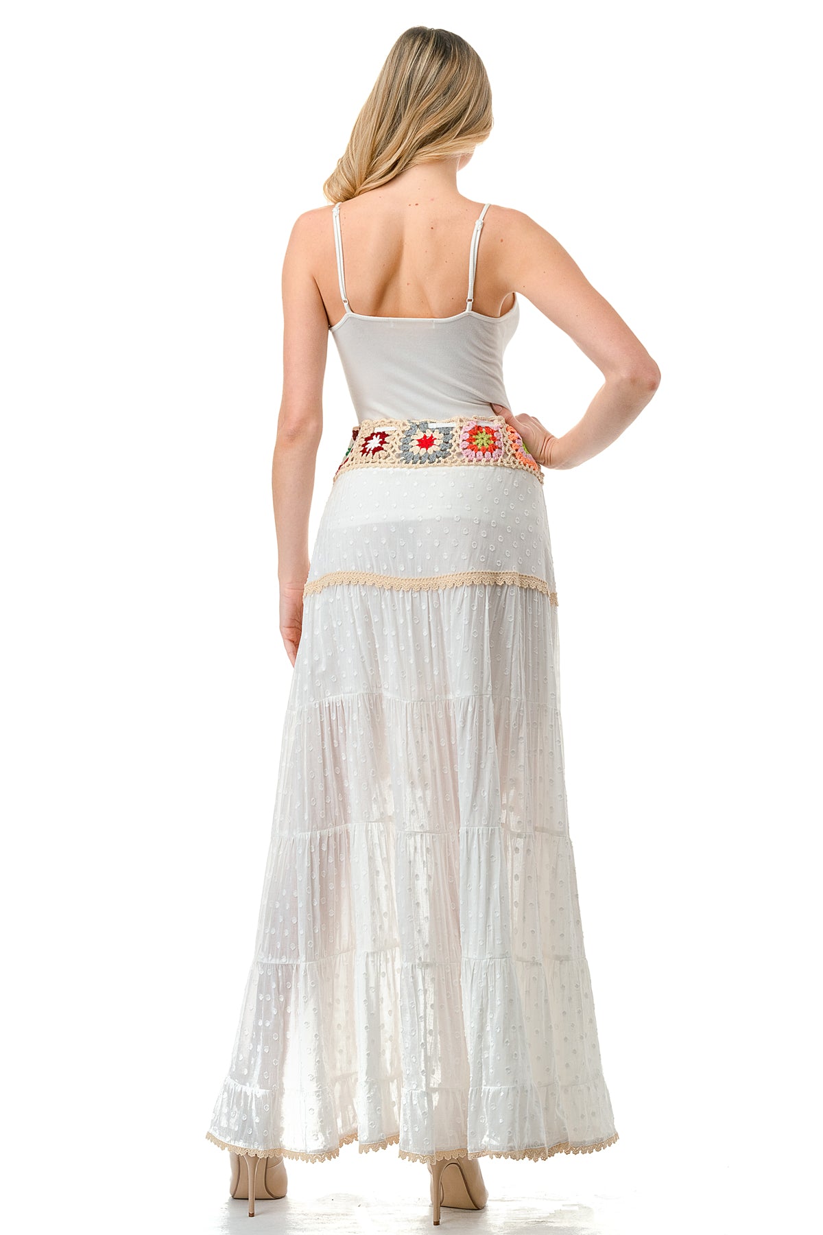 Ivory/Beige Trim Textured High Low Skirt