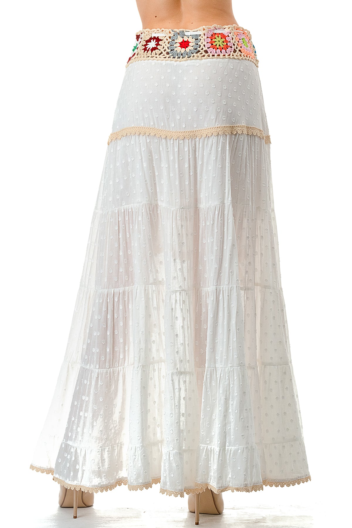 Ivory/Beige Trim Textured High Low Skirt