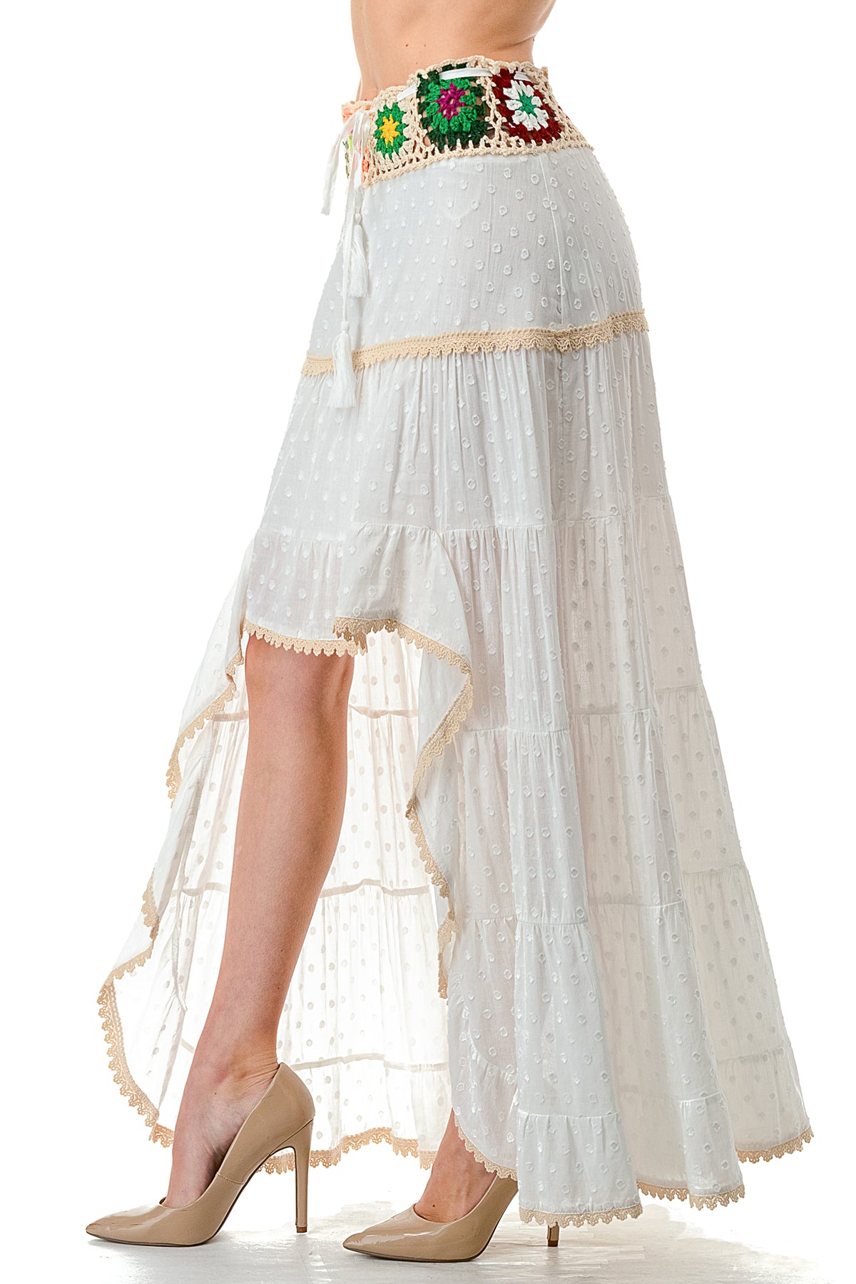 Ivory/Beige Trim Textured High Low Skirt