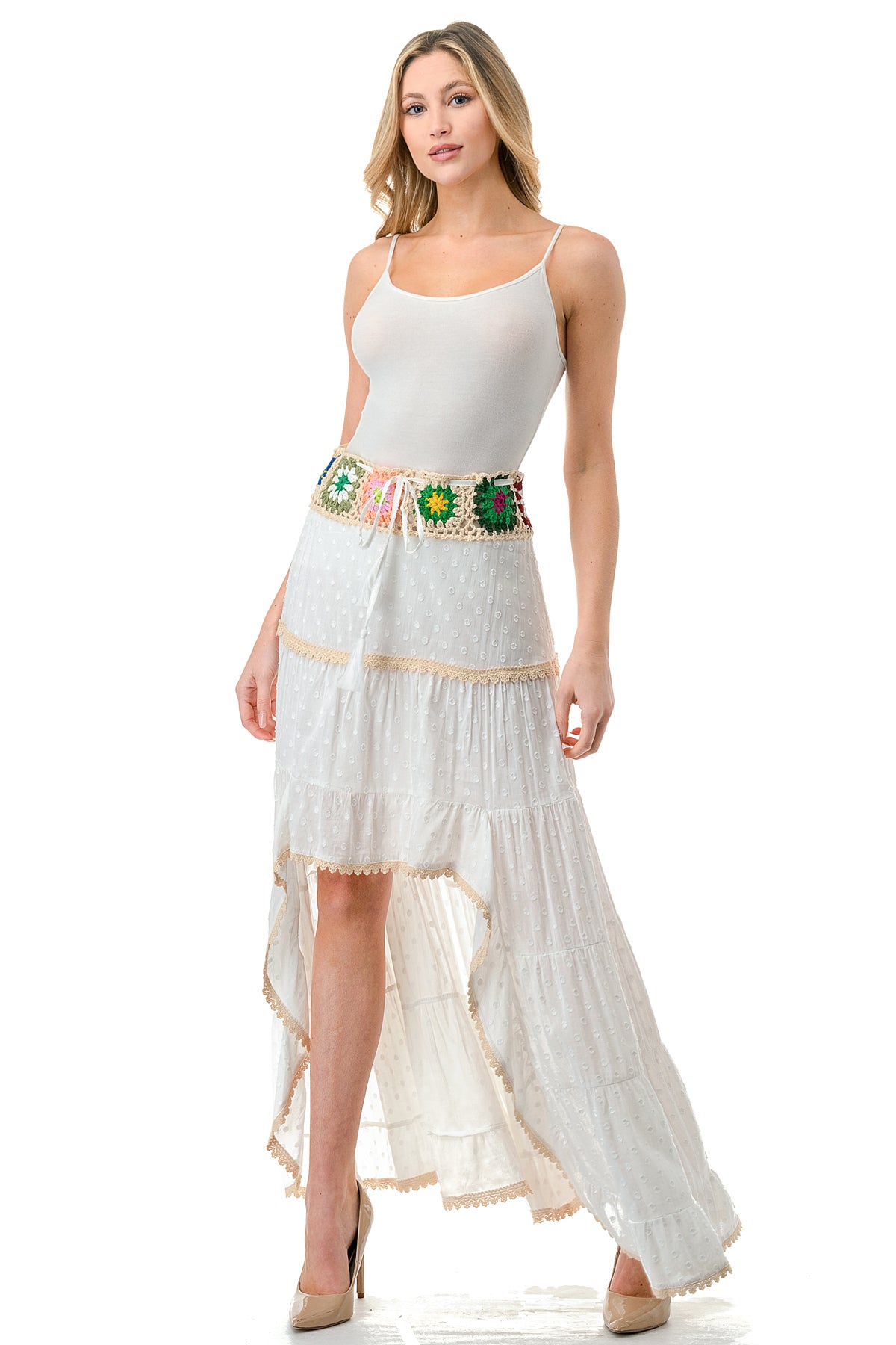 Ivory/Beige Trim Textured High Low Skirt