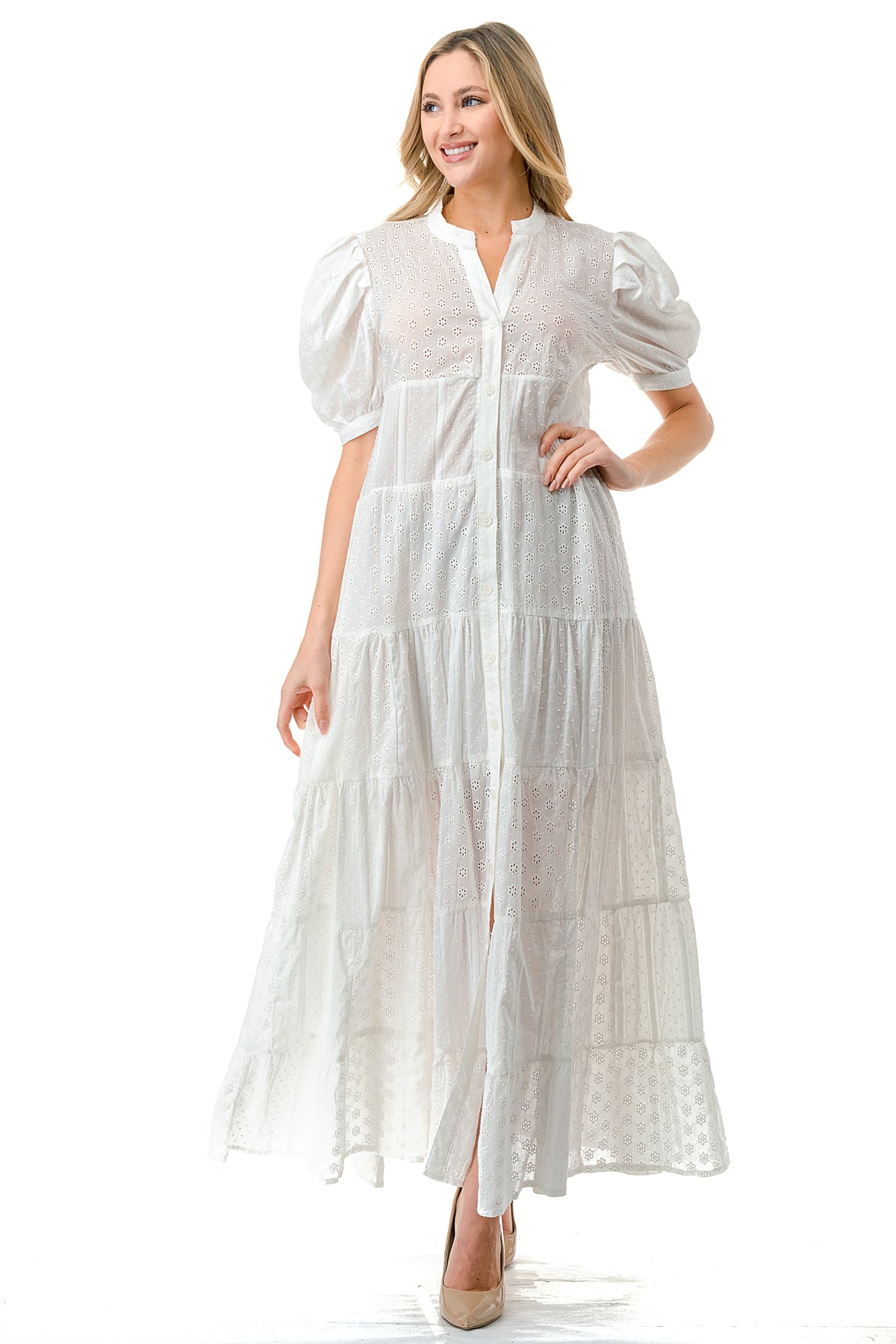 Ivory Eyelet Tiered Button Down Puff Sleeve Maxi Ivory Eyelet Tiered Button Down Puff Sleeve Maxi