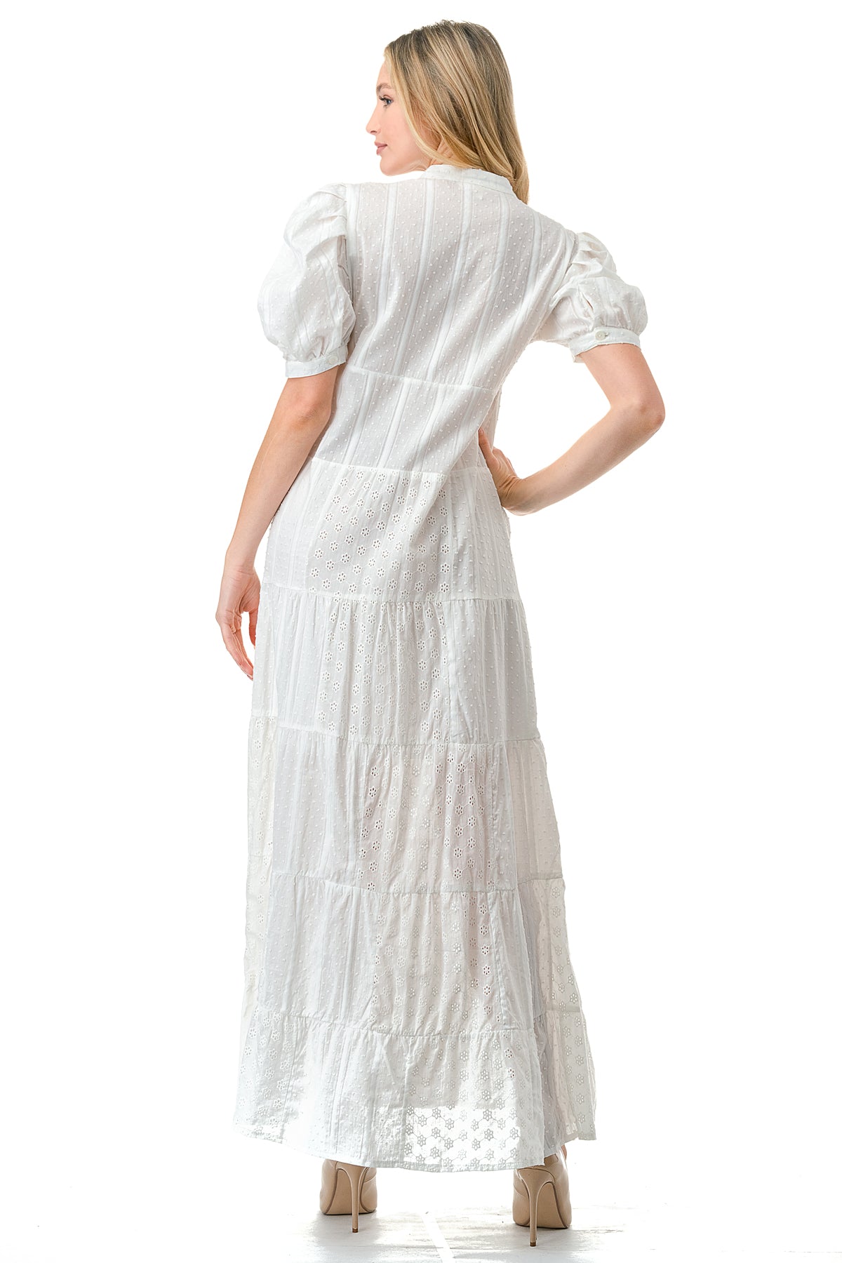 Ivory Eyelet Tiered Button Down Puff Sleeve Maxi