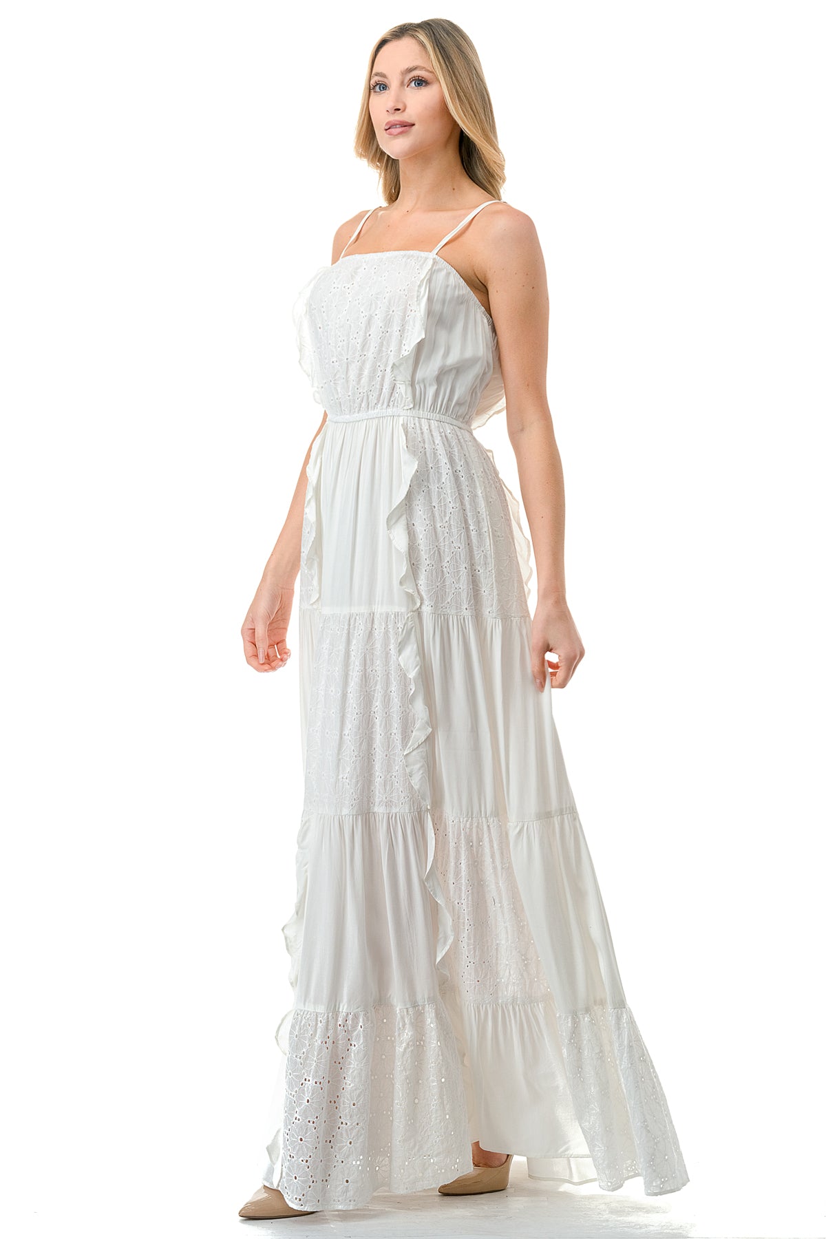 Ivory Front Ruffle Eyelet Halter Maxi Eyelet Dress