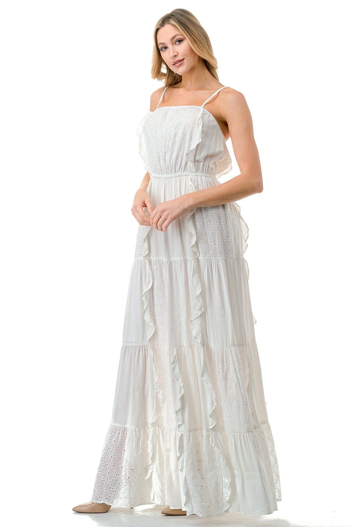 Ivory Front Ruffle Eyelet Halter Maxi Eyelet Dress