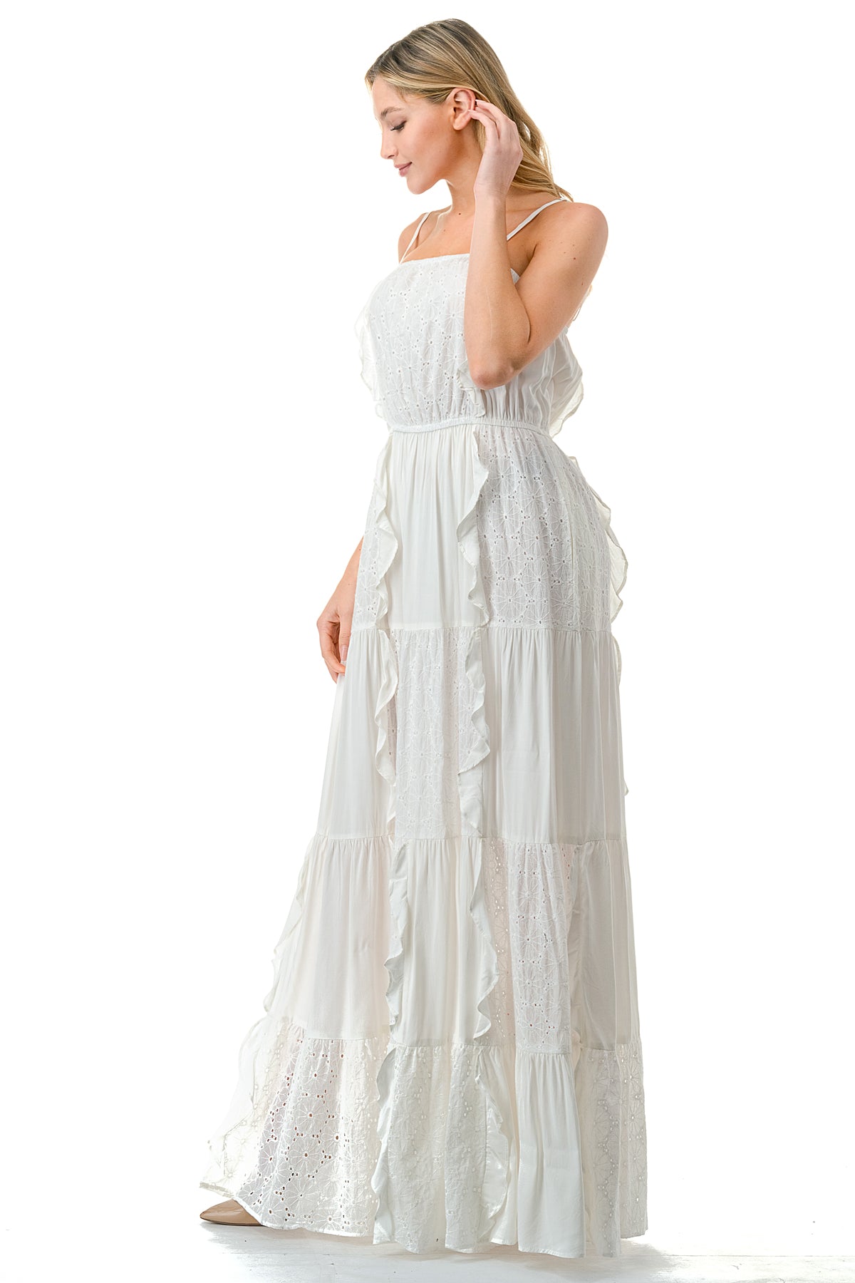 Ivory Front Ruffle Eyelet Halter Maxi Eyelet Dress