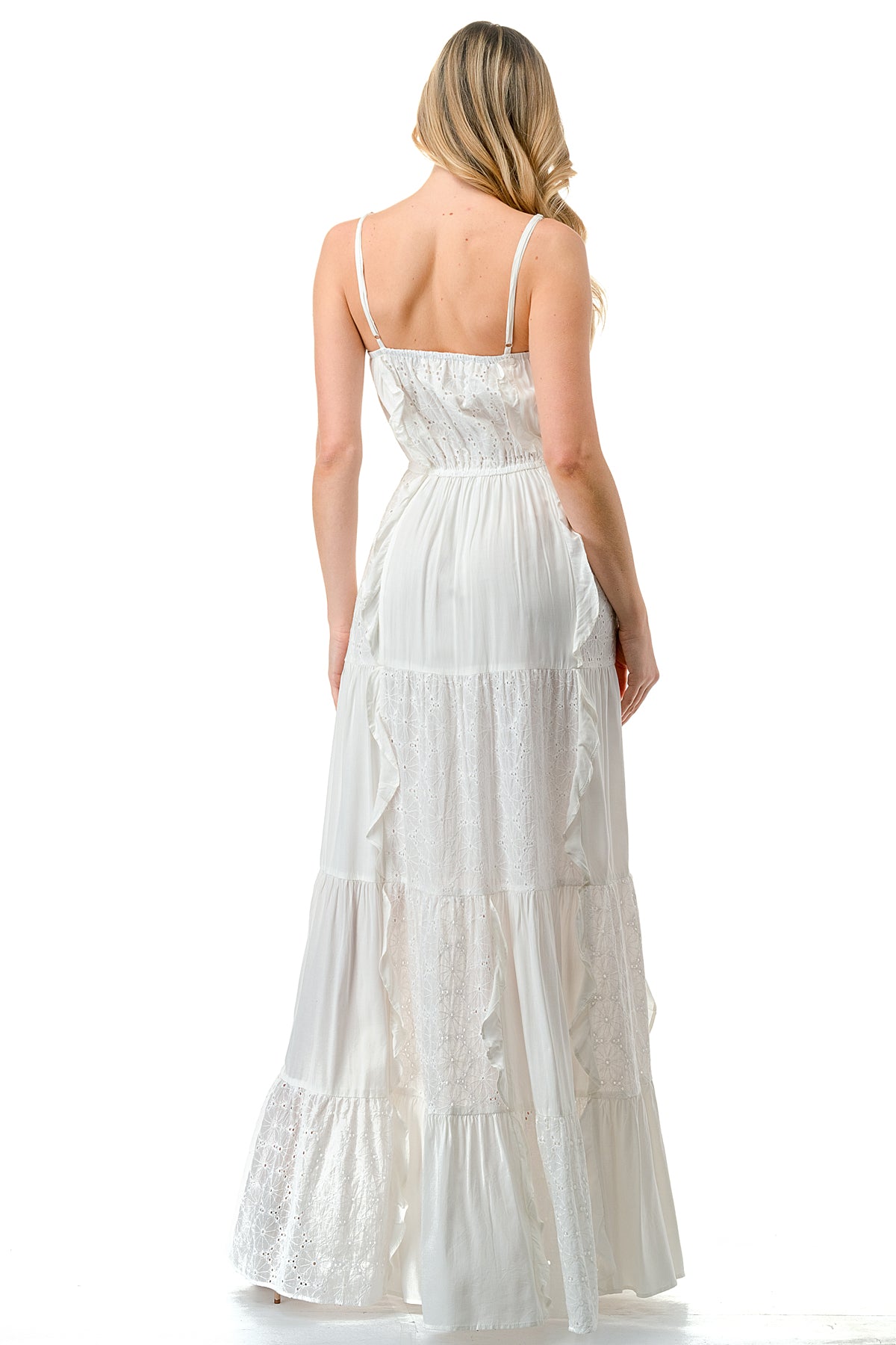 Ivory Front Ruffle Eyelet Halter Maxi Eyelet Dress