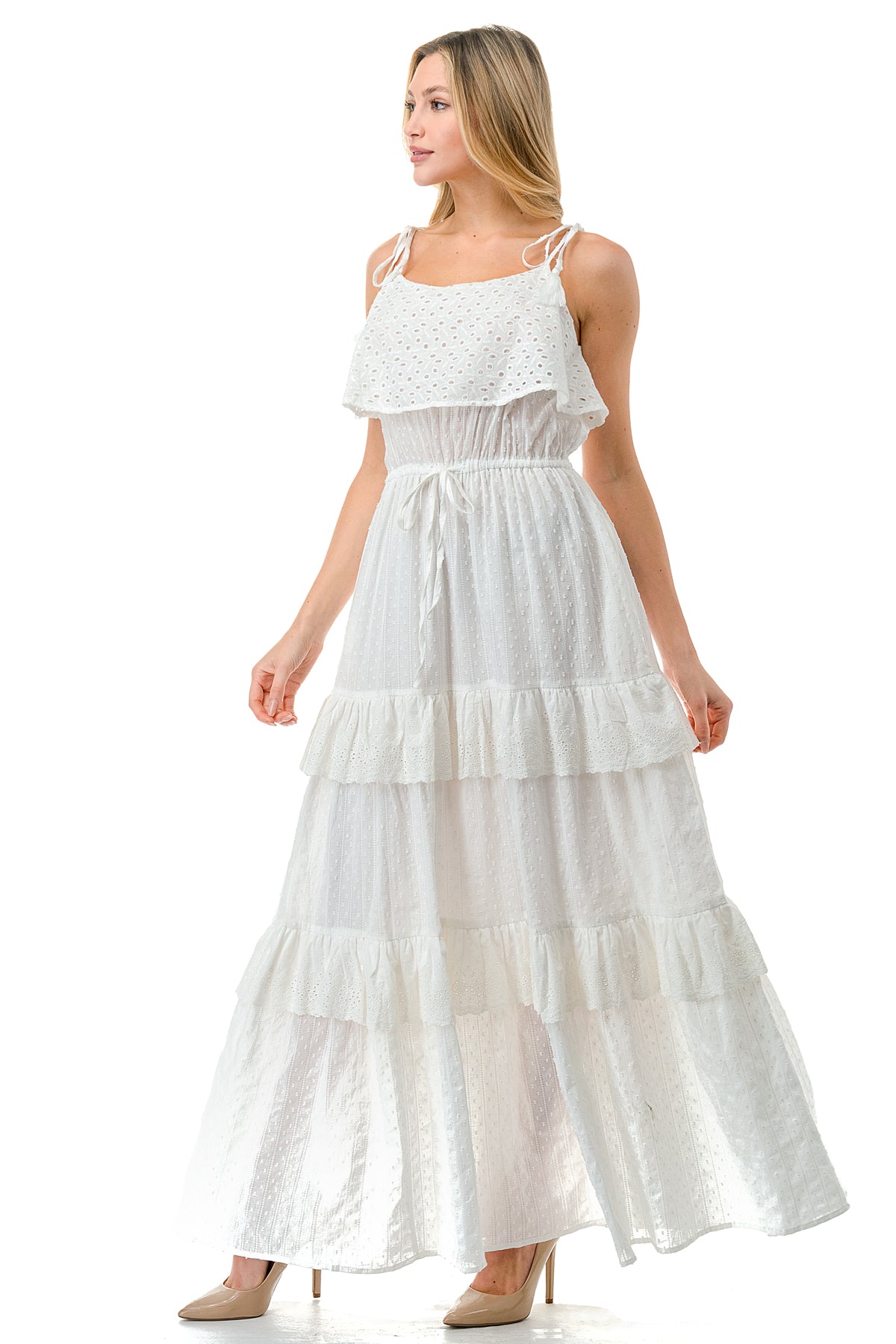 Ivory Textured Fabric Eyelet Trim Tiered Maxi Dress