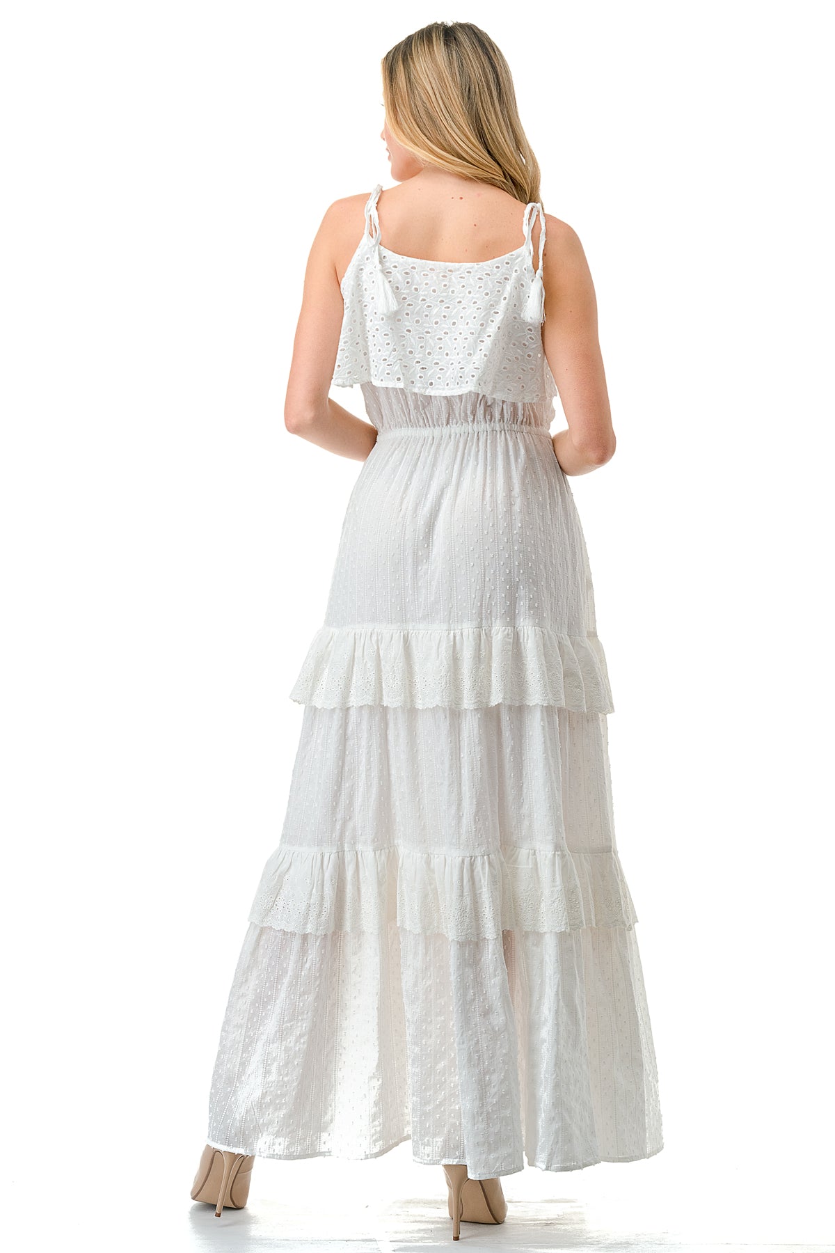 Ivory Textured Fabric Eyelet Trim Tiered Maxi Dress