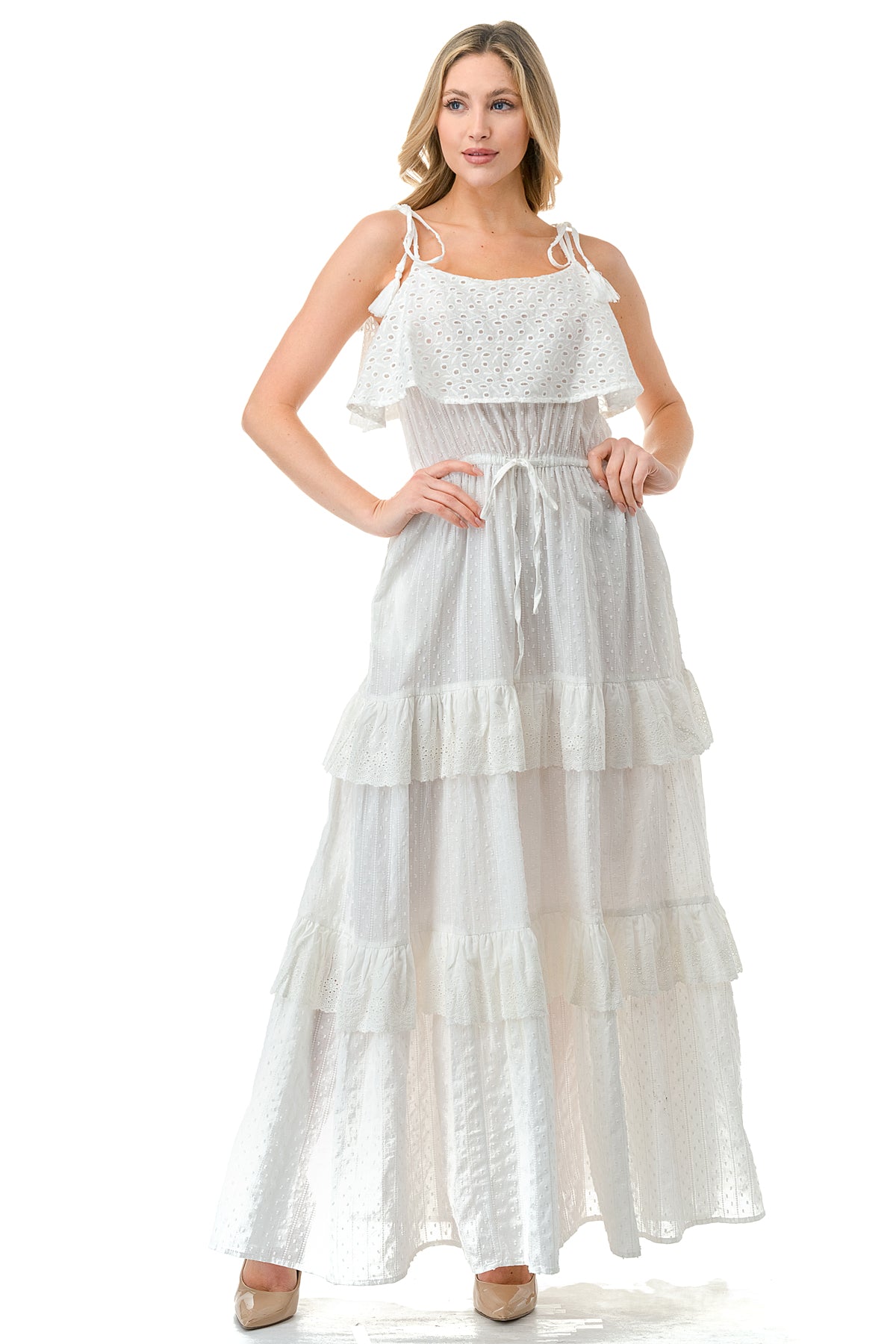 Ivory Textured Fabric Eyelet Trim Tiered Maxi Dress