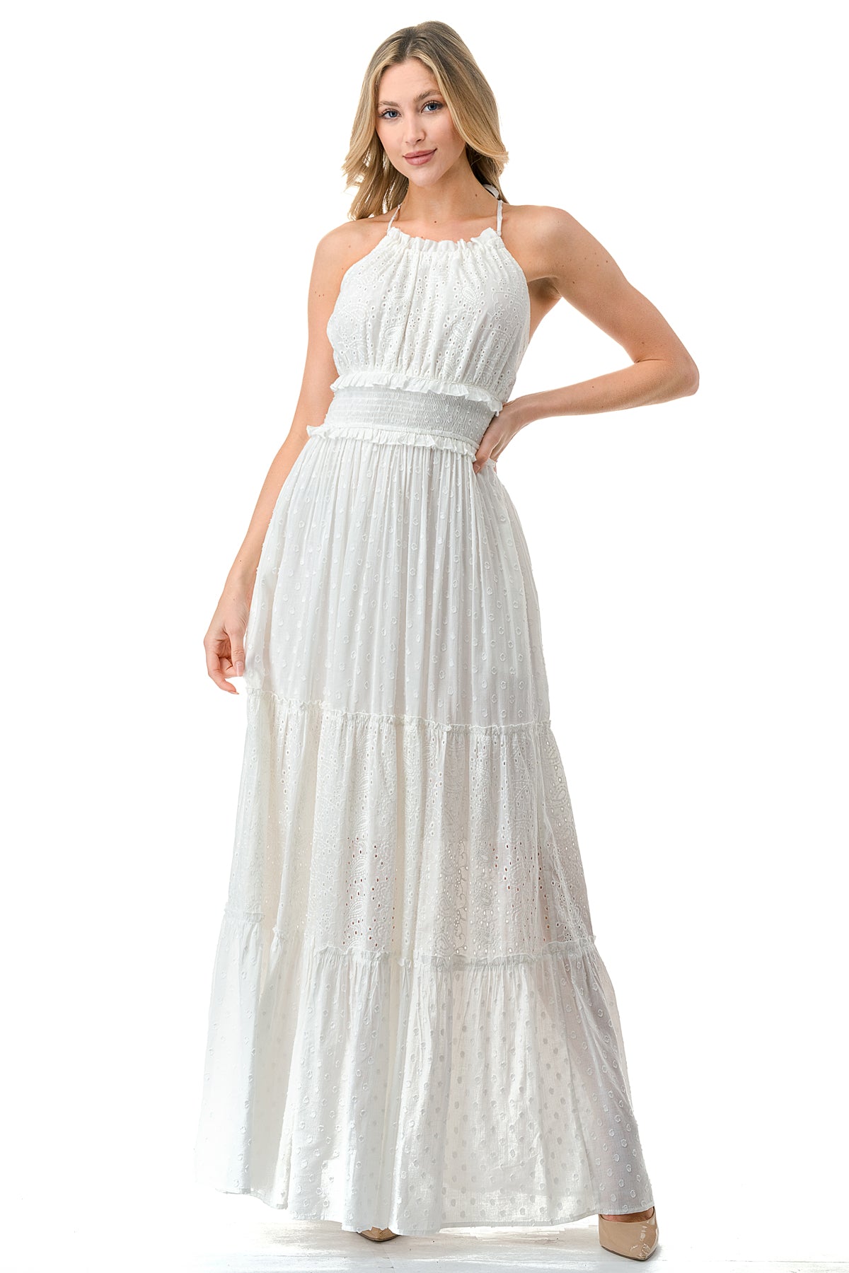 Ivory Eyelet Textured Smocked Halter Dress Ivory Eyelet Textured Smocked Halter Dress