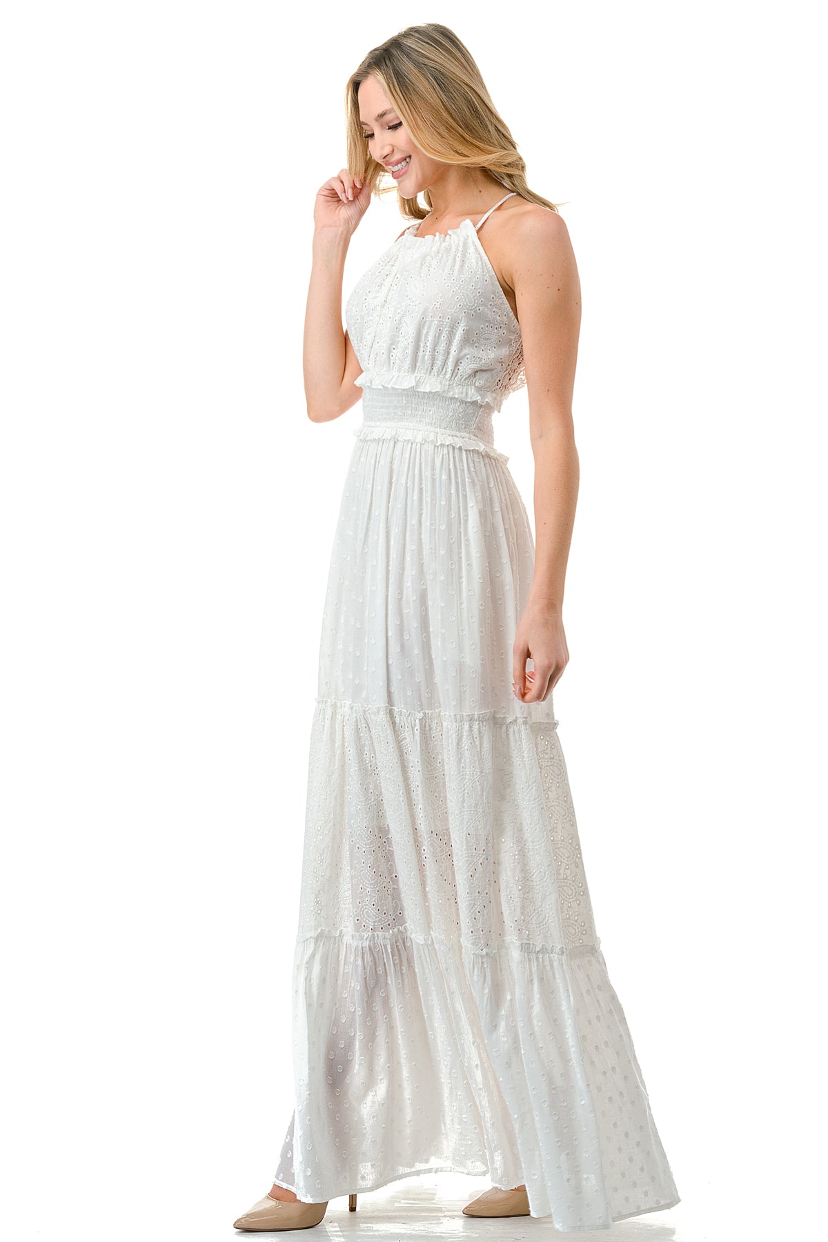 Ivory Eyelet Textured Smocked Halter Dress