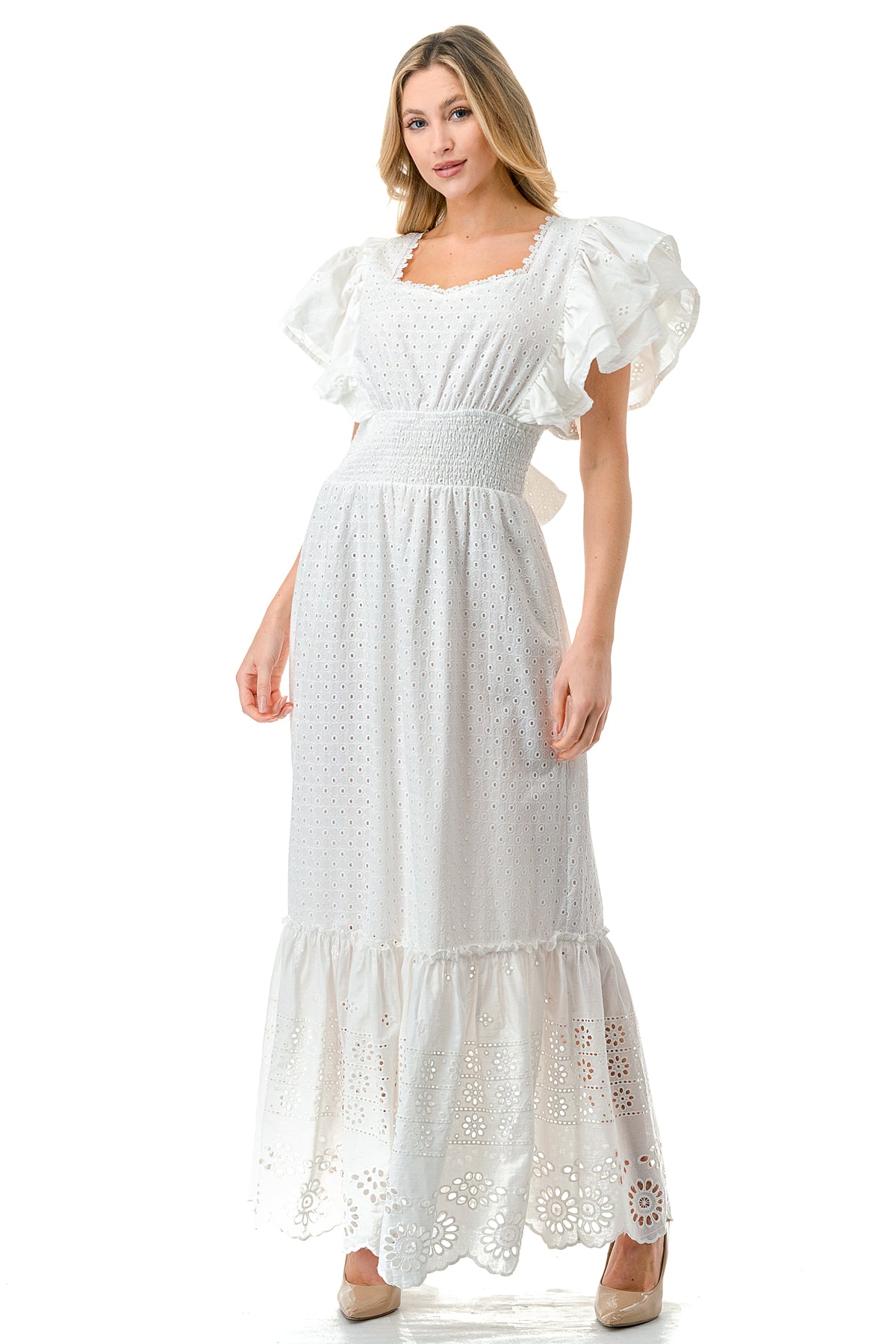 Ivory Tiered Flutter Sleeve Smocked Maxi Dress – Solitaire