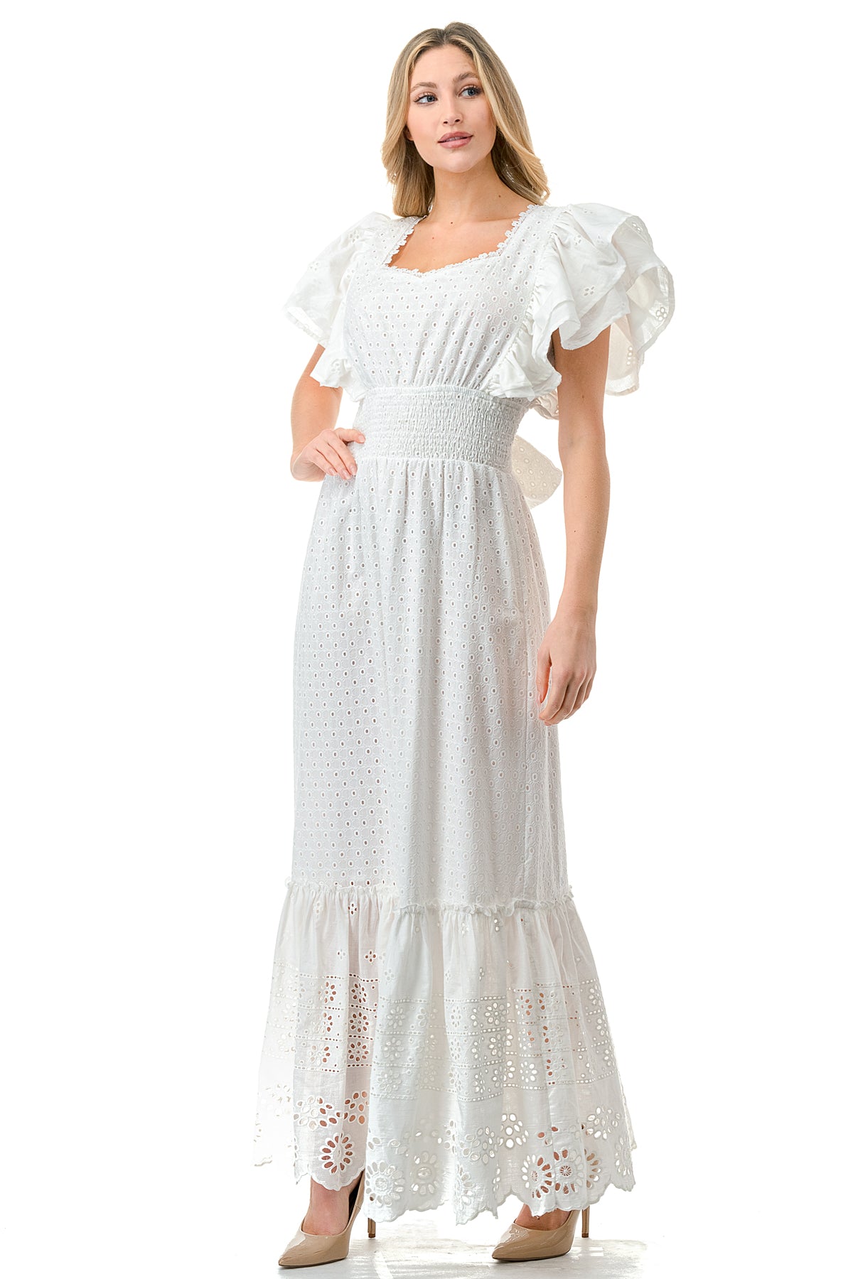 Ivory Tiered Flutter Sleeve Smocked Maxi Dress
