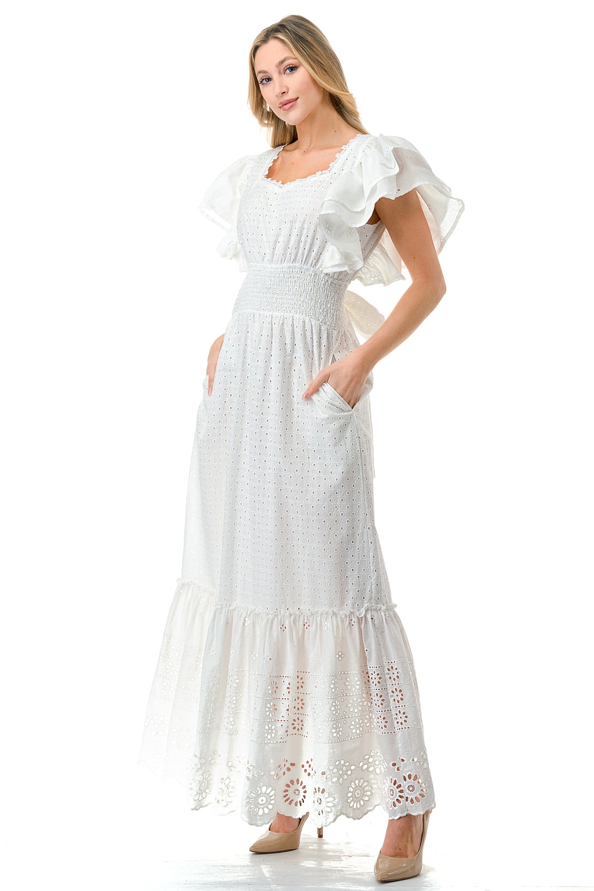Ivory Tiered Flutter Sleeve Smocked Maxi Dress