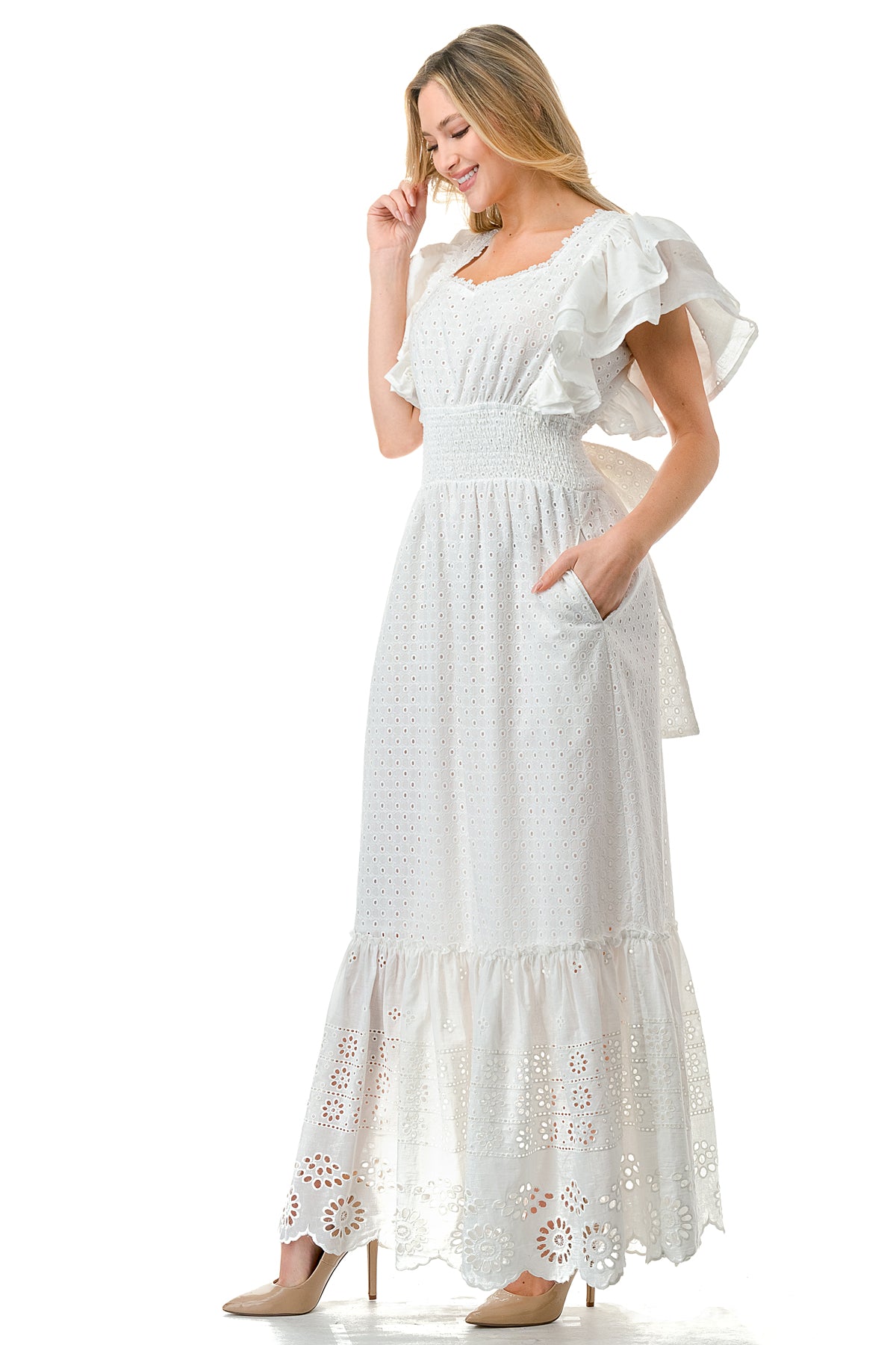 Ivory Tiered Flutter Sleeve Smocked Maxi Dress