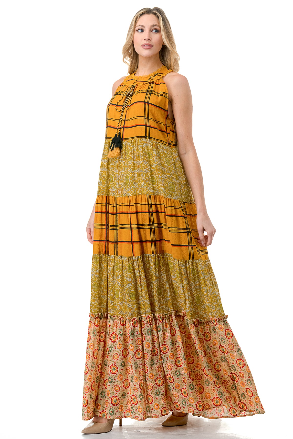 Mustard Twin Printed Sleeveless Maxi Dress