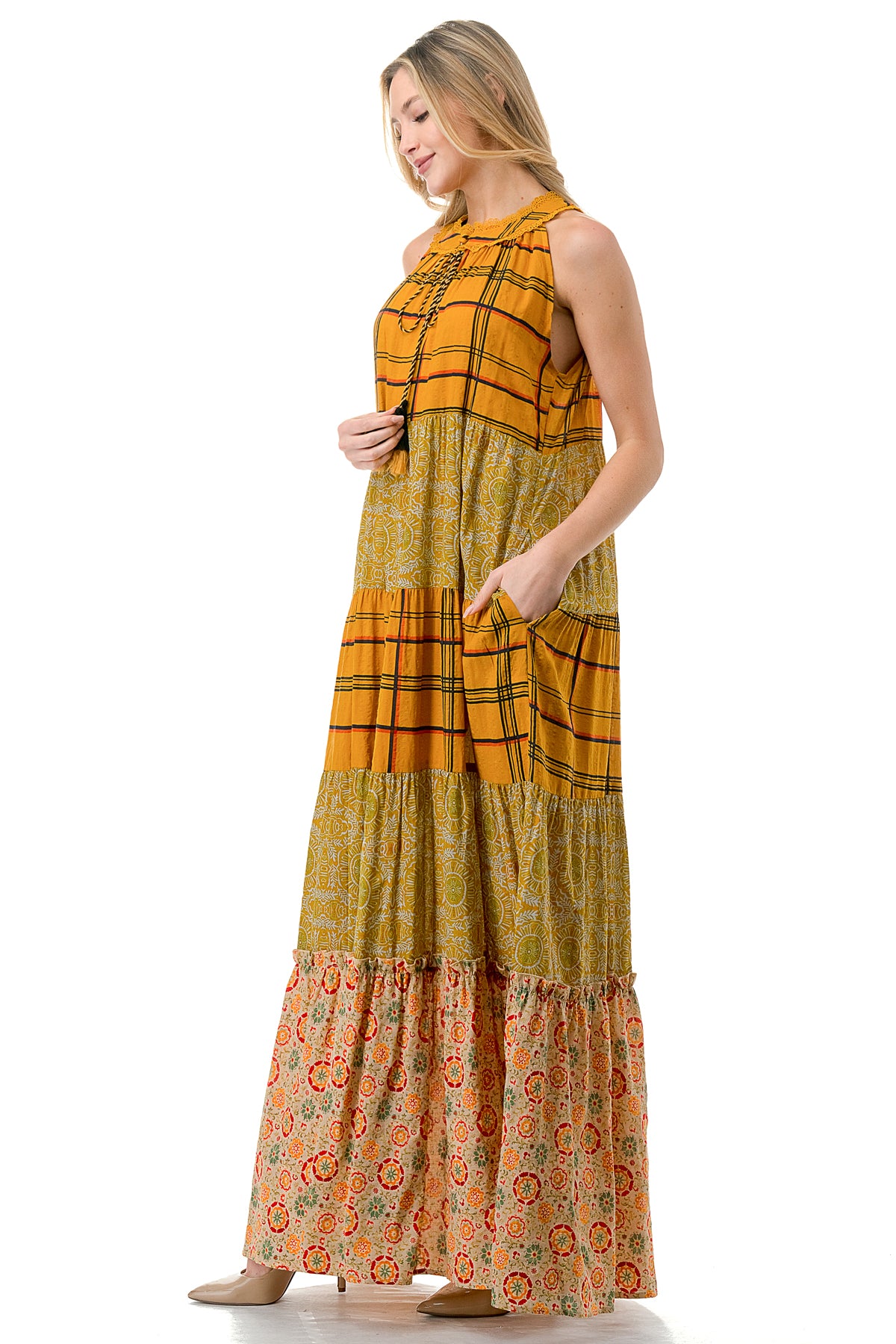 Mustard Twin Printed Sleeveless Maxi Dress