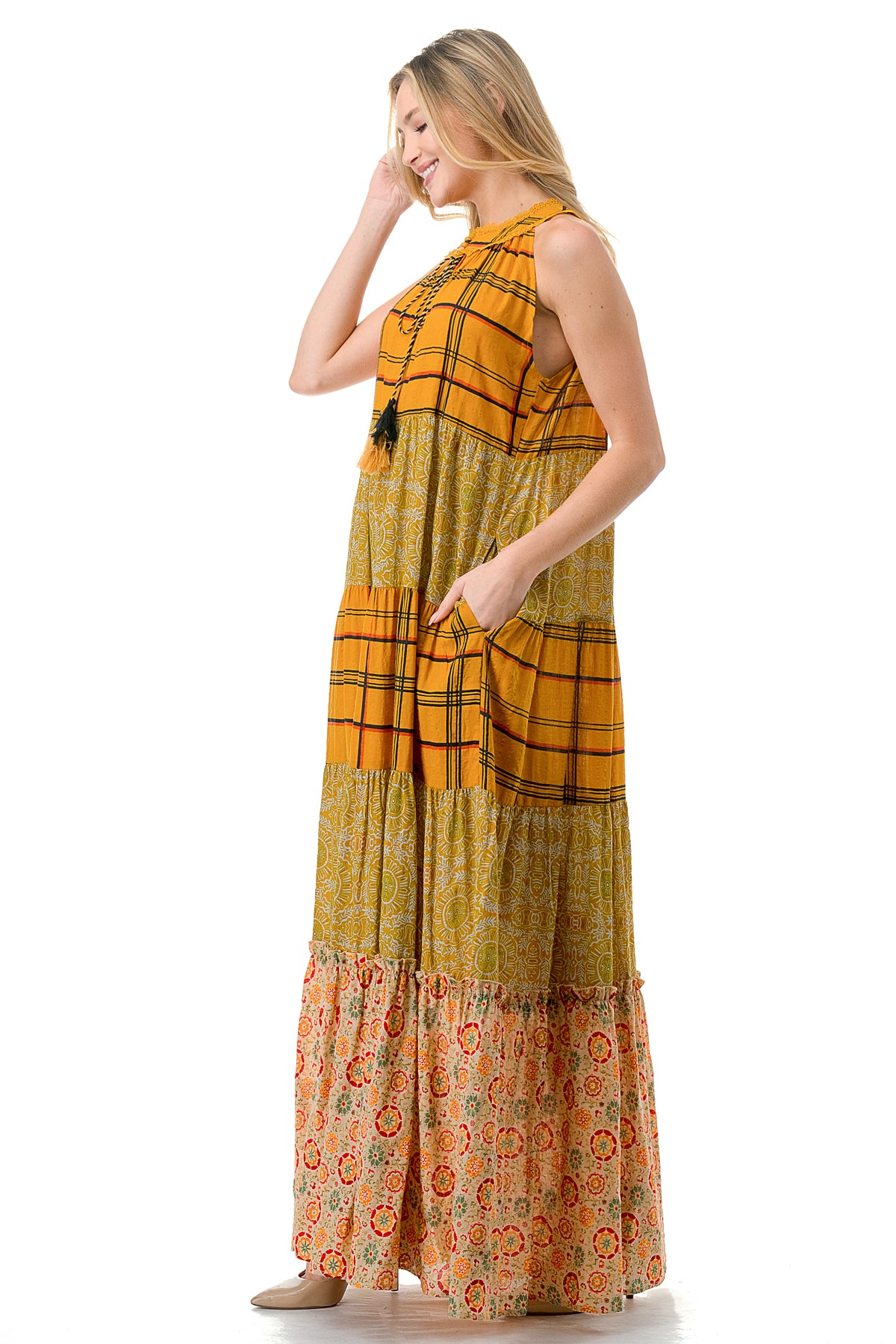 Mustard Twin Printed Sleeveless Maxi Dress