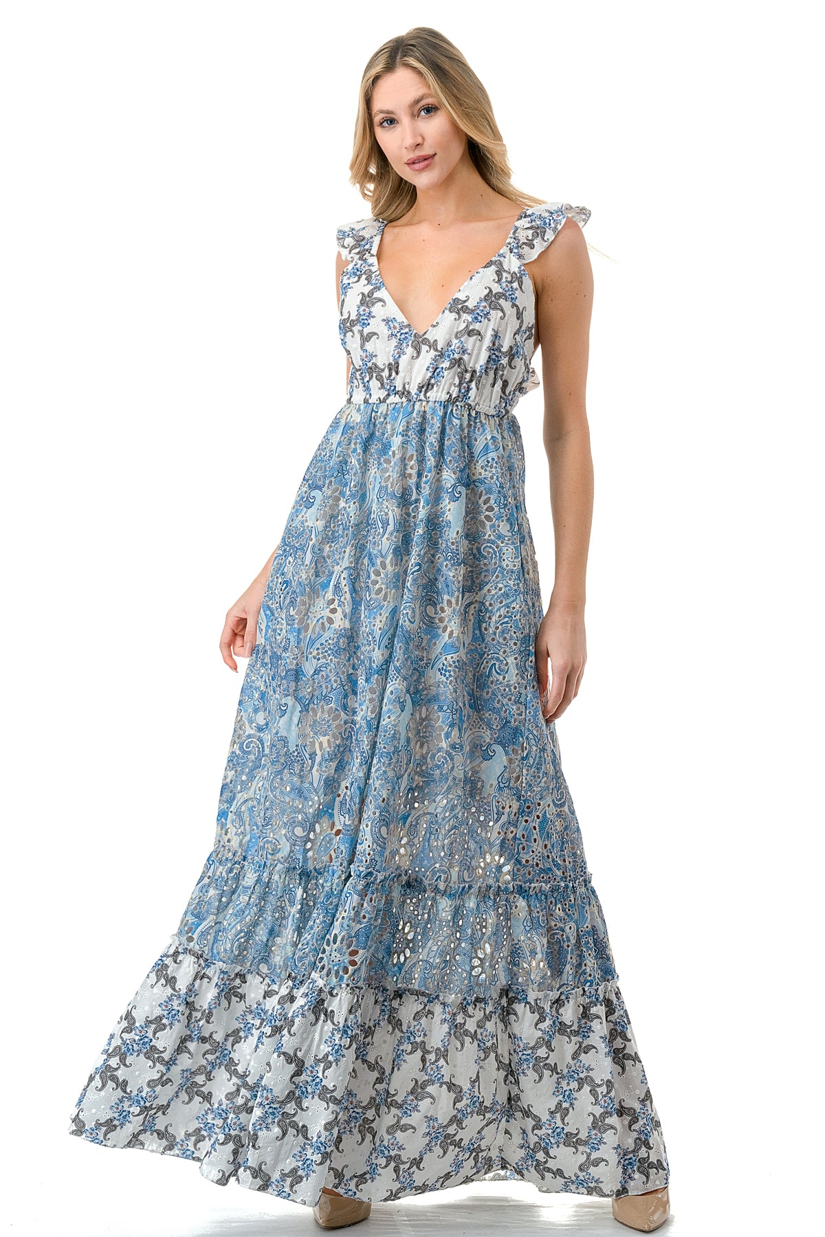 Blue Tiered Twin Printed Eyelet Maxi