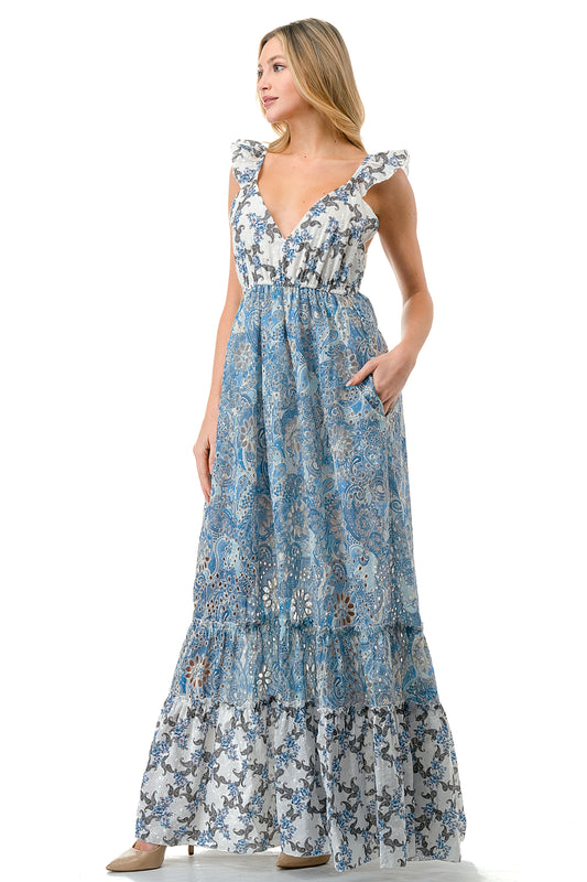 Blue Tiered Twin Printed Eyelet Maxi