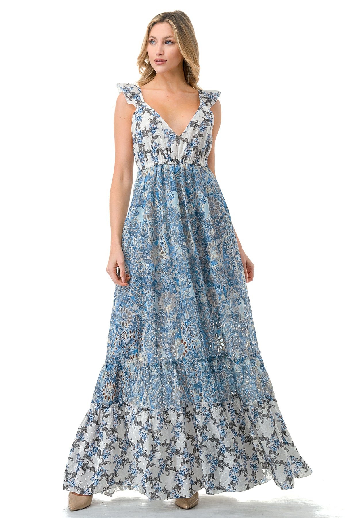 Blue Tiered Twin Printed Eyelet Maxi