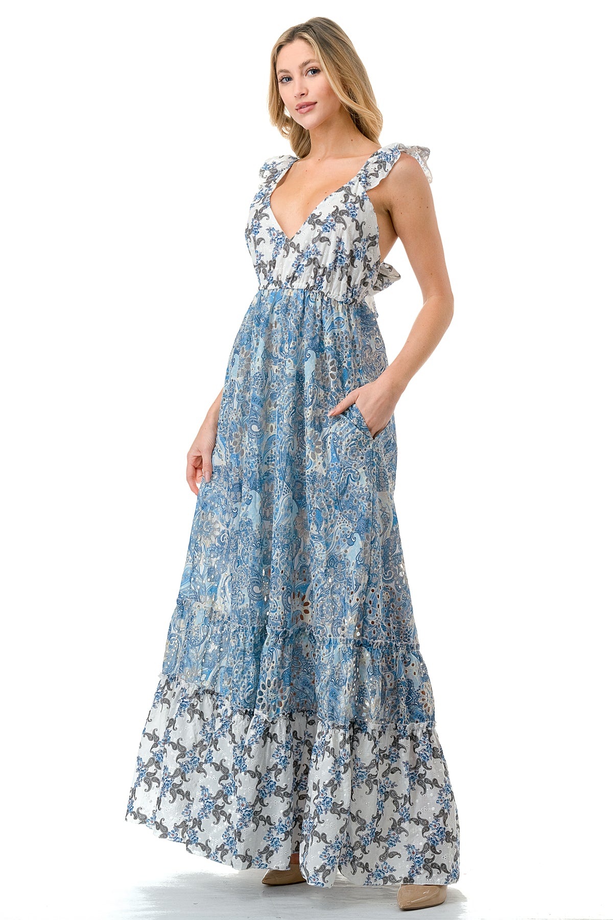 Blue Tiered Twin Printed Eyelet Maxi