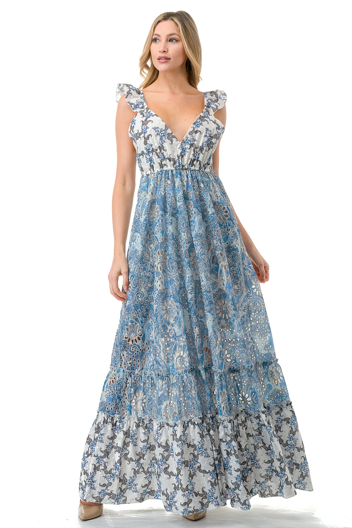 Blue Tiered Twin Printed Eyelet Maxi