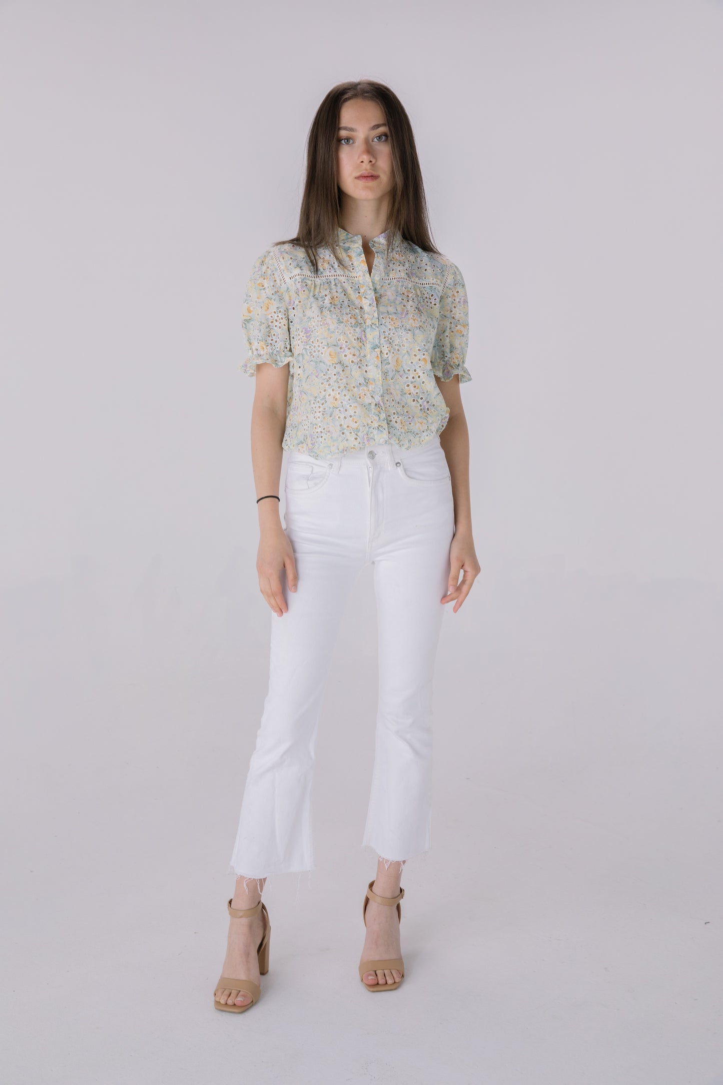 Floral Printed Eyelet Puff Sleeve Top