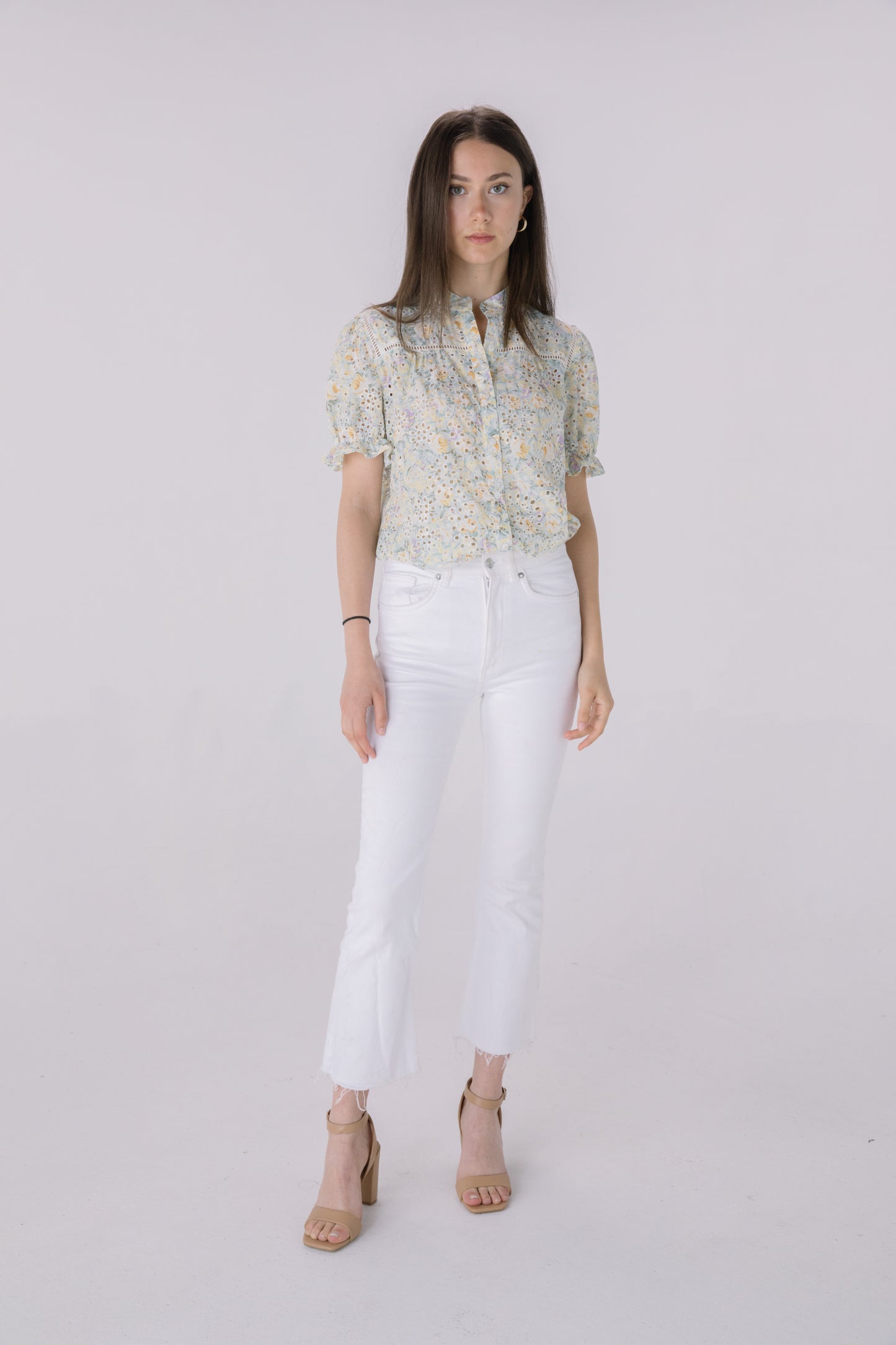 Floral Printed Eyelet Puff Sleeve Top