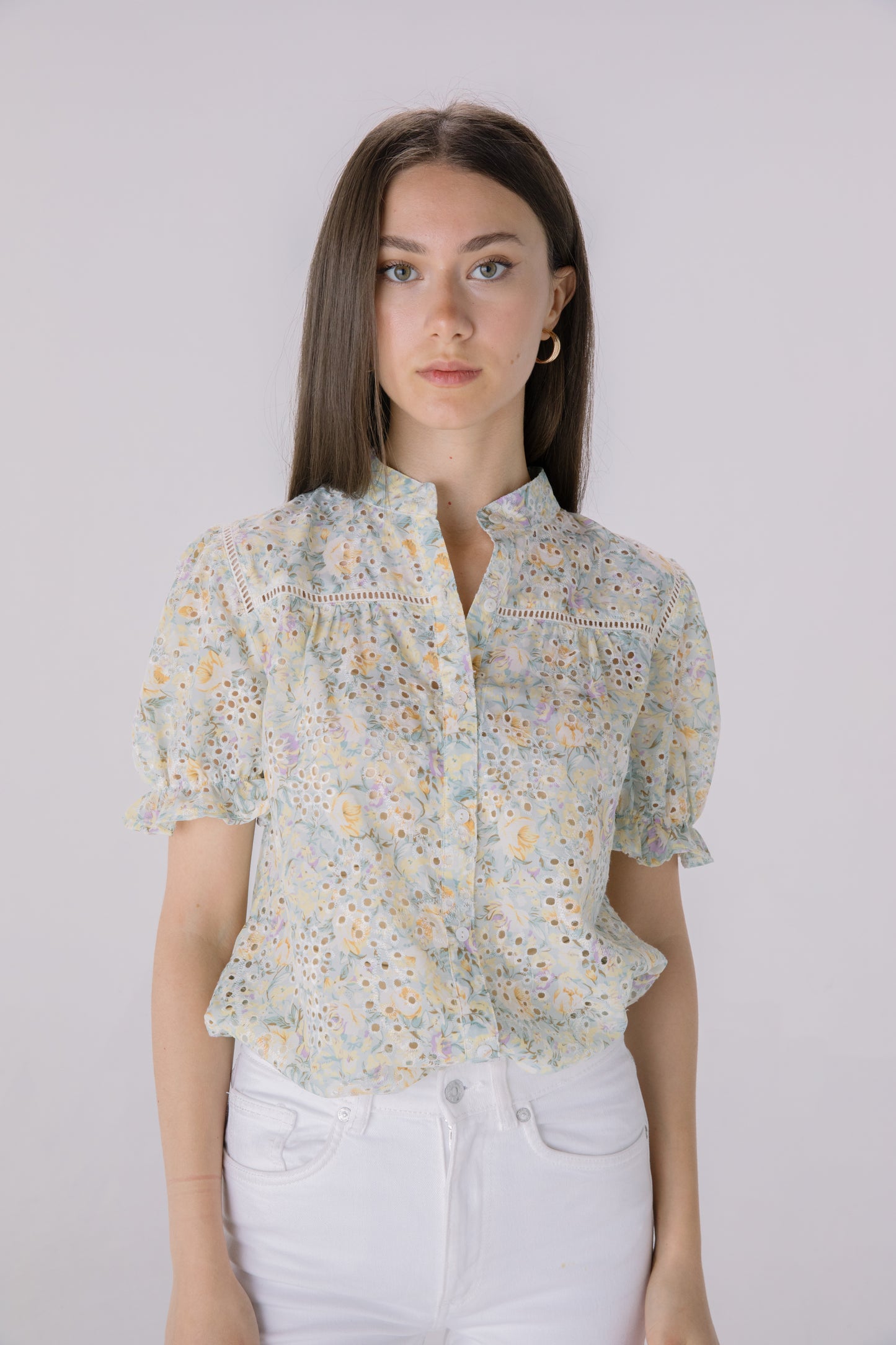 Floral Printed Eyelet Puff Sleeve Top