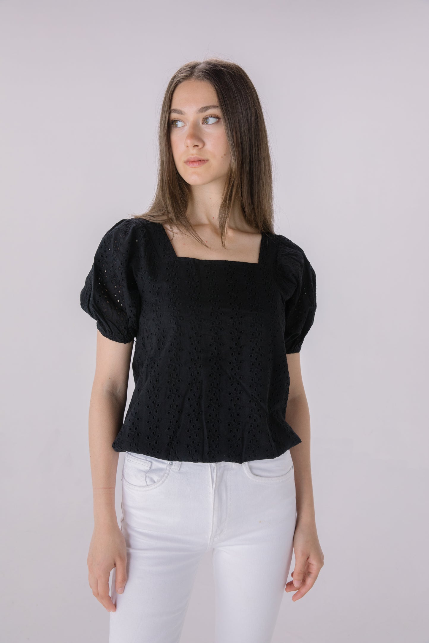 Black Eyelet Square Neck Blouse