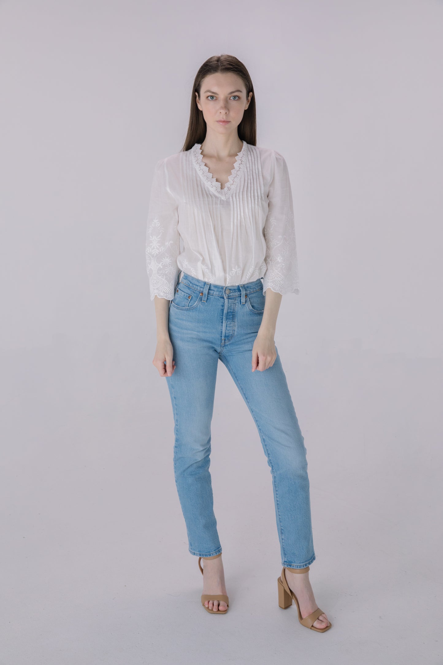 Ivory Pleated Border Eyelet Embroidery Blouse