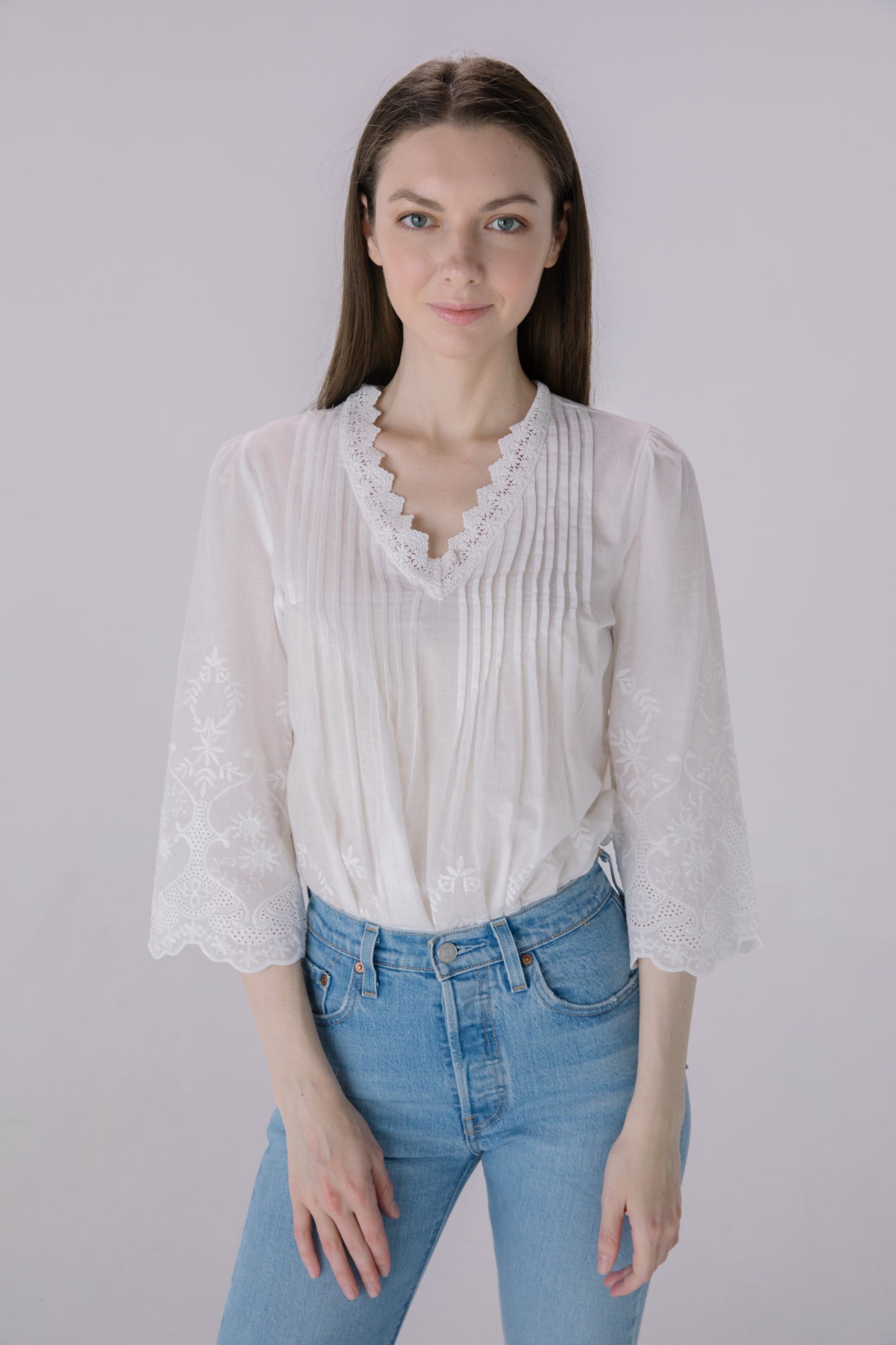 Ivory Pleated Border Eyelet Embroidery Blouse