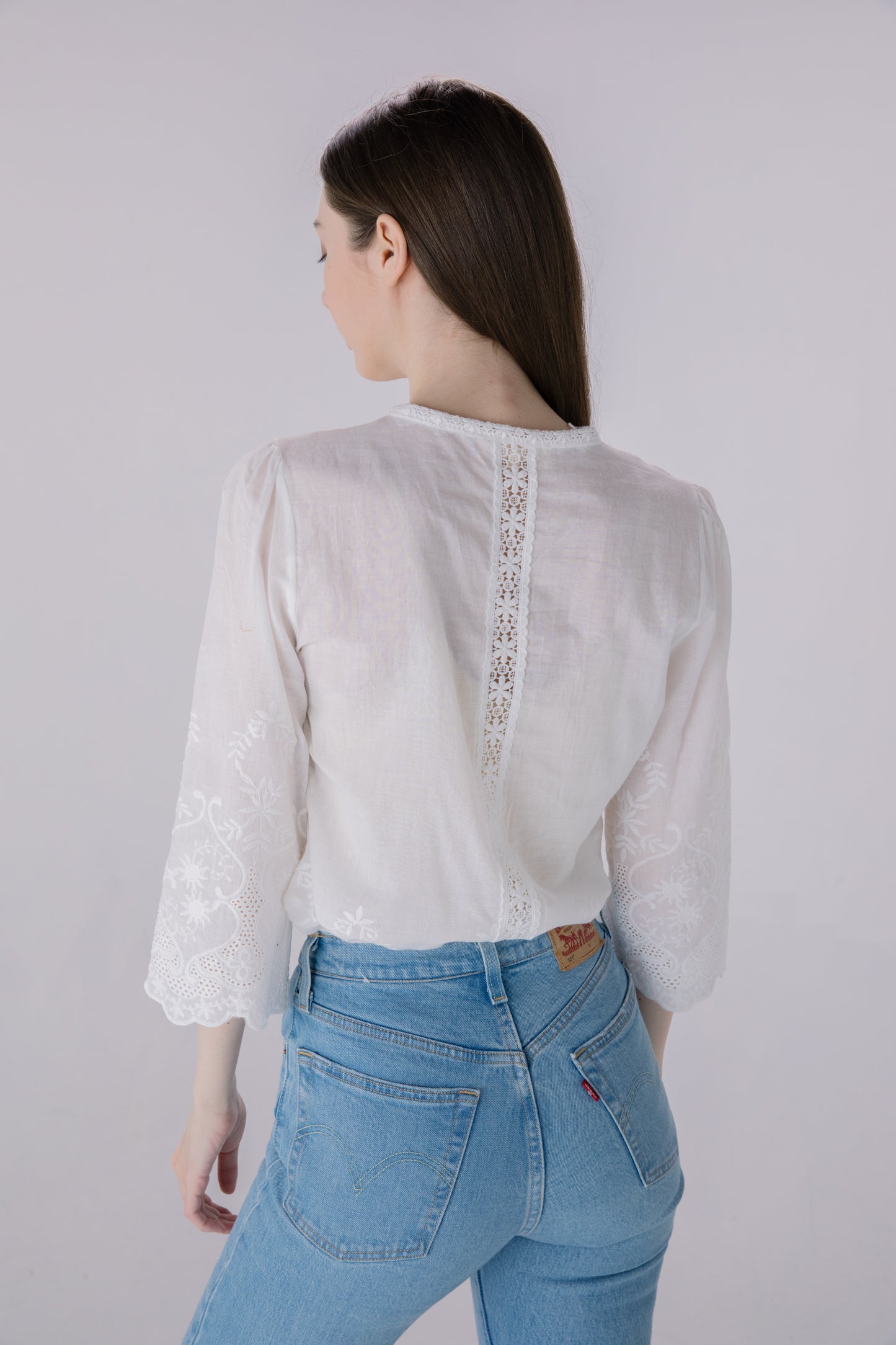 Ivory Pleated Border Eyelet Embroidery Blouse