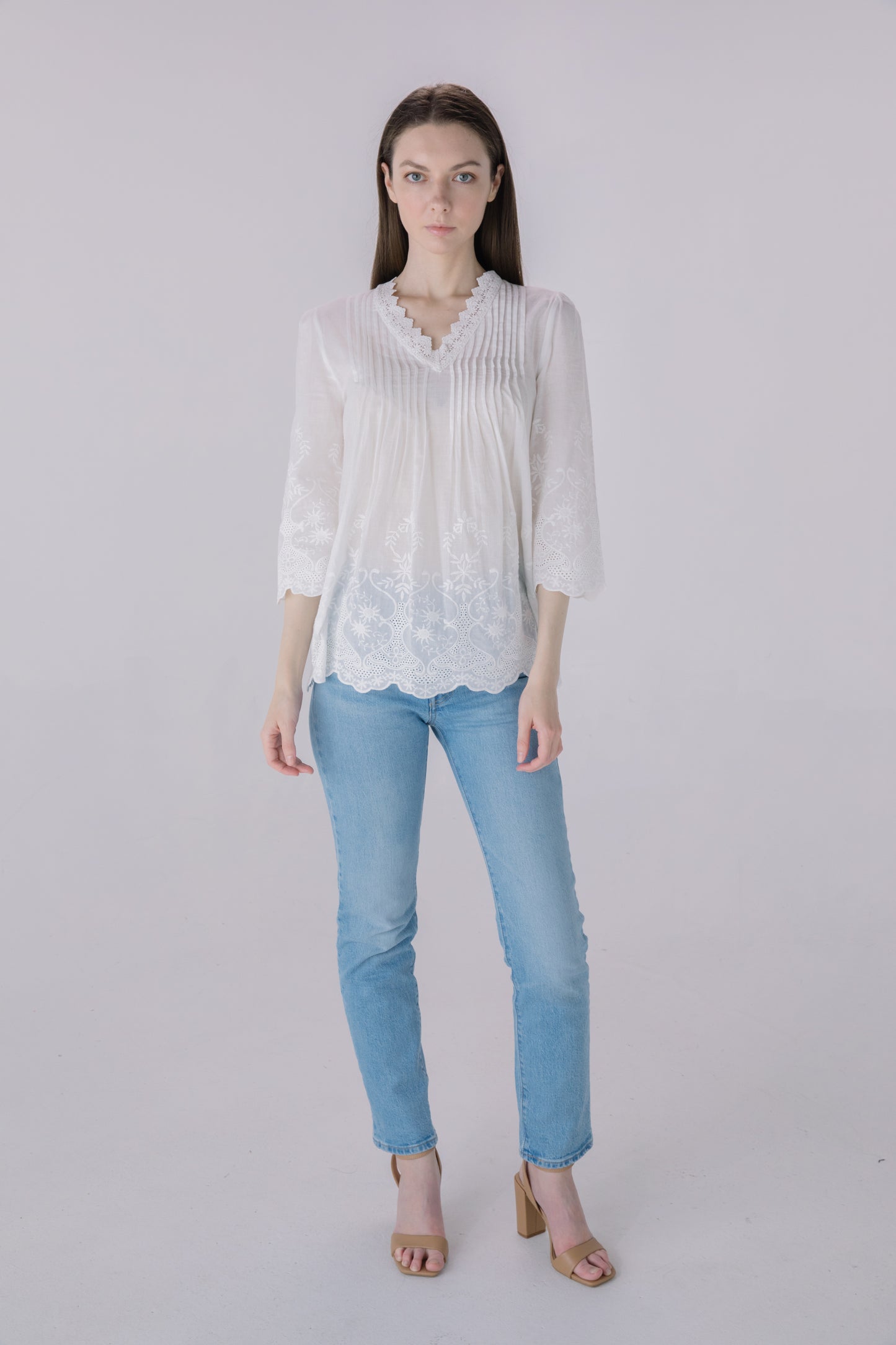 Ivory Pleated Border Eyelet Embroidery Blouse