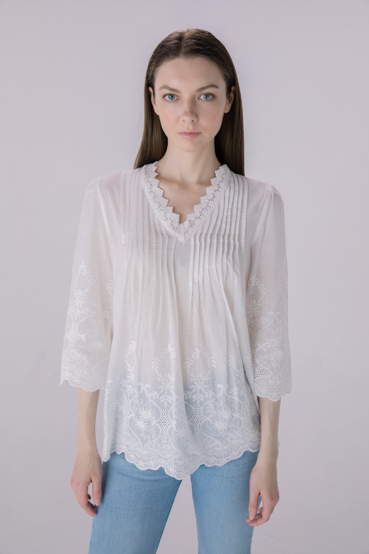Ivory Pleated Border Eyelet Embroidery Blouse
