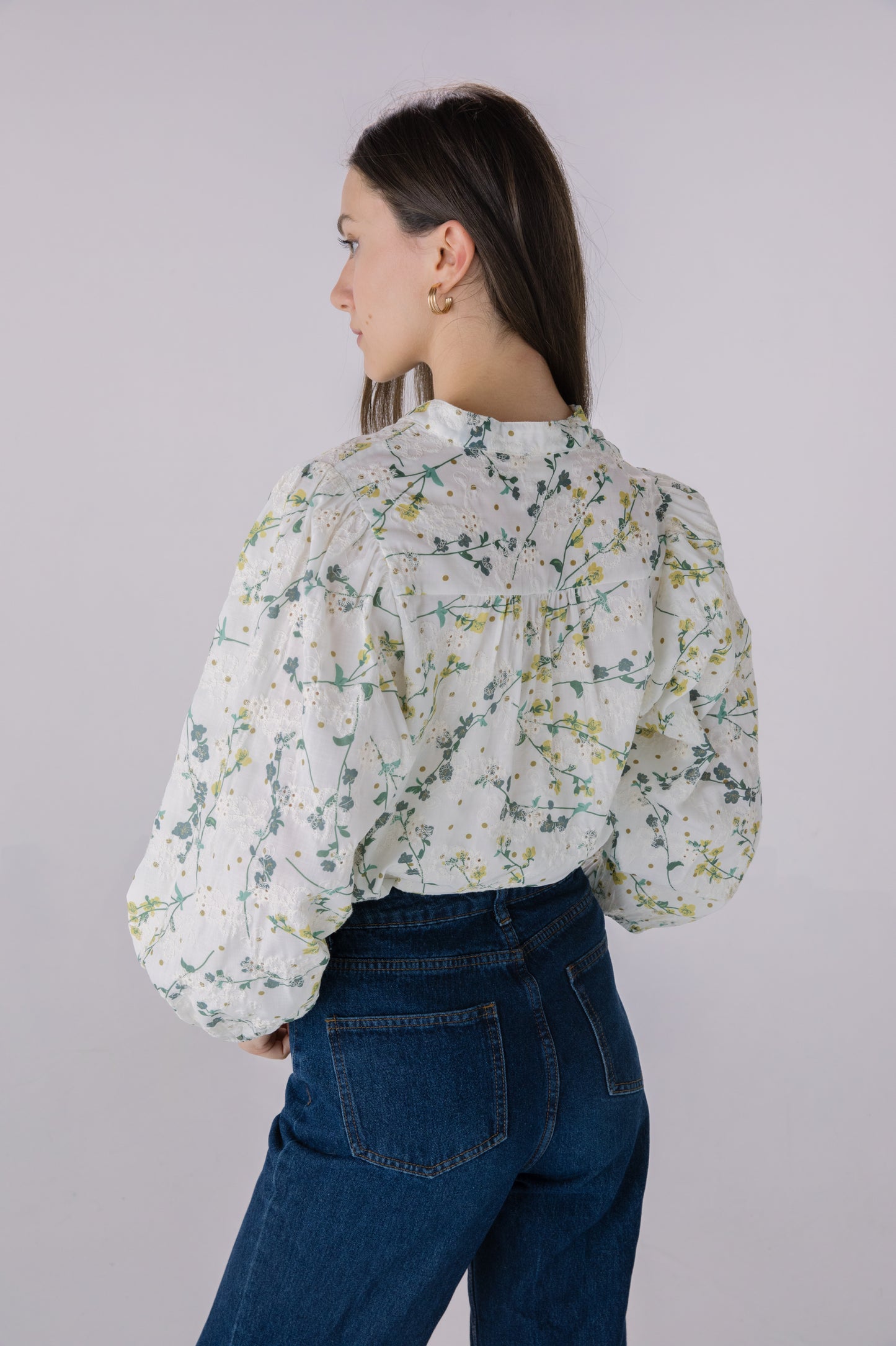 Floral Printed Embroidered Eyelet Long Sleeve Top