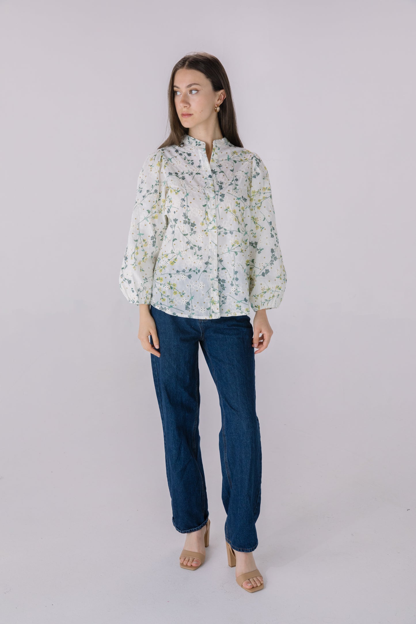 Floral Printed Embroidered Eyelet Long Sleeve Top