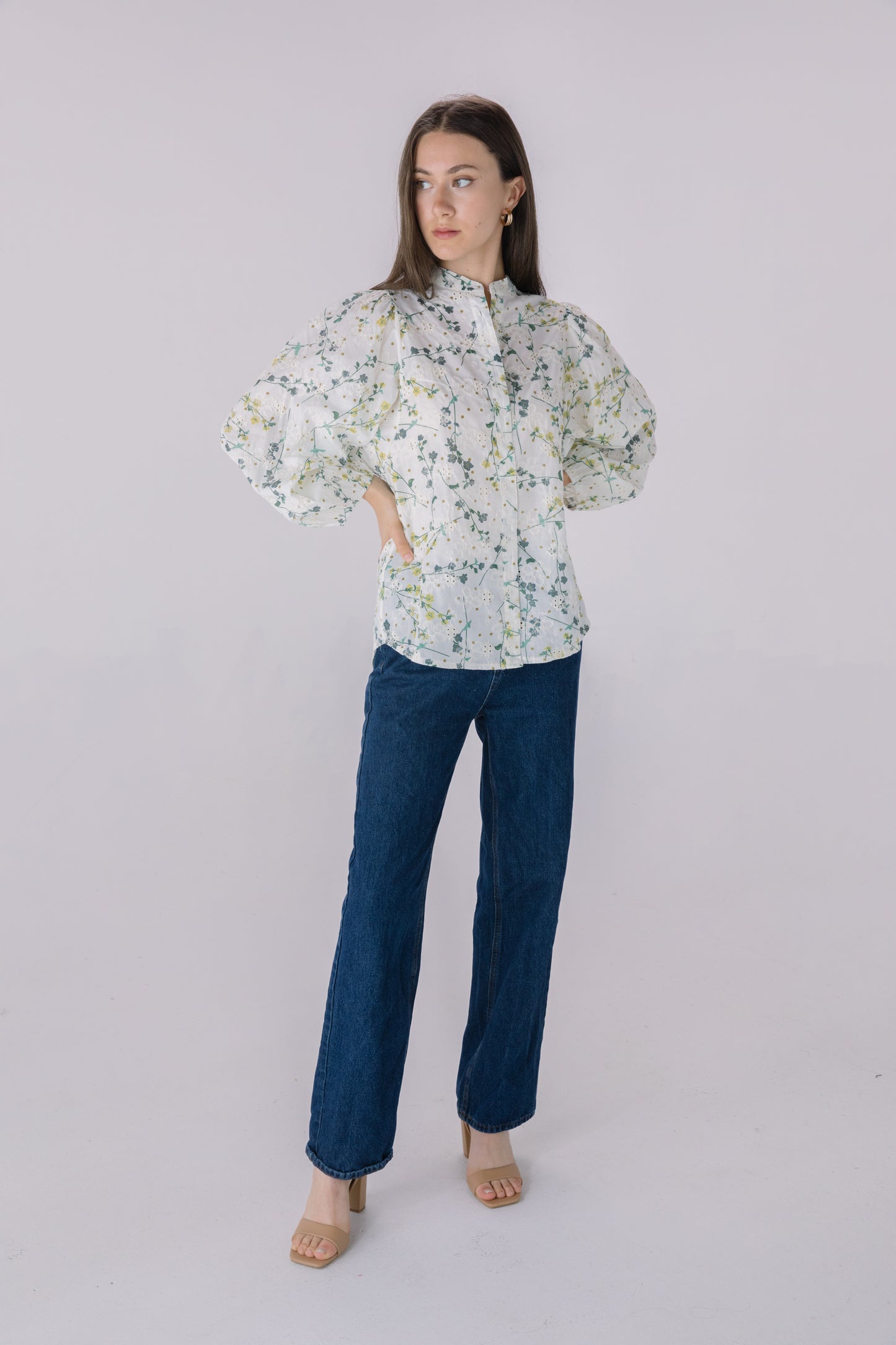 Floral Printed Embroidered Eyelet Long Sleeve Top