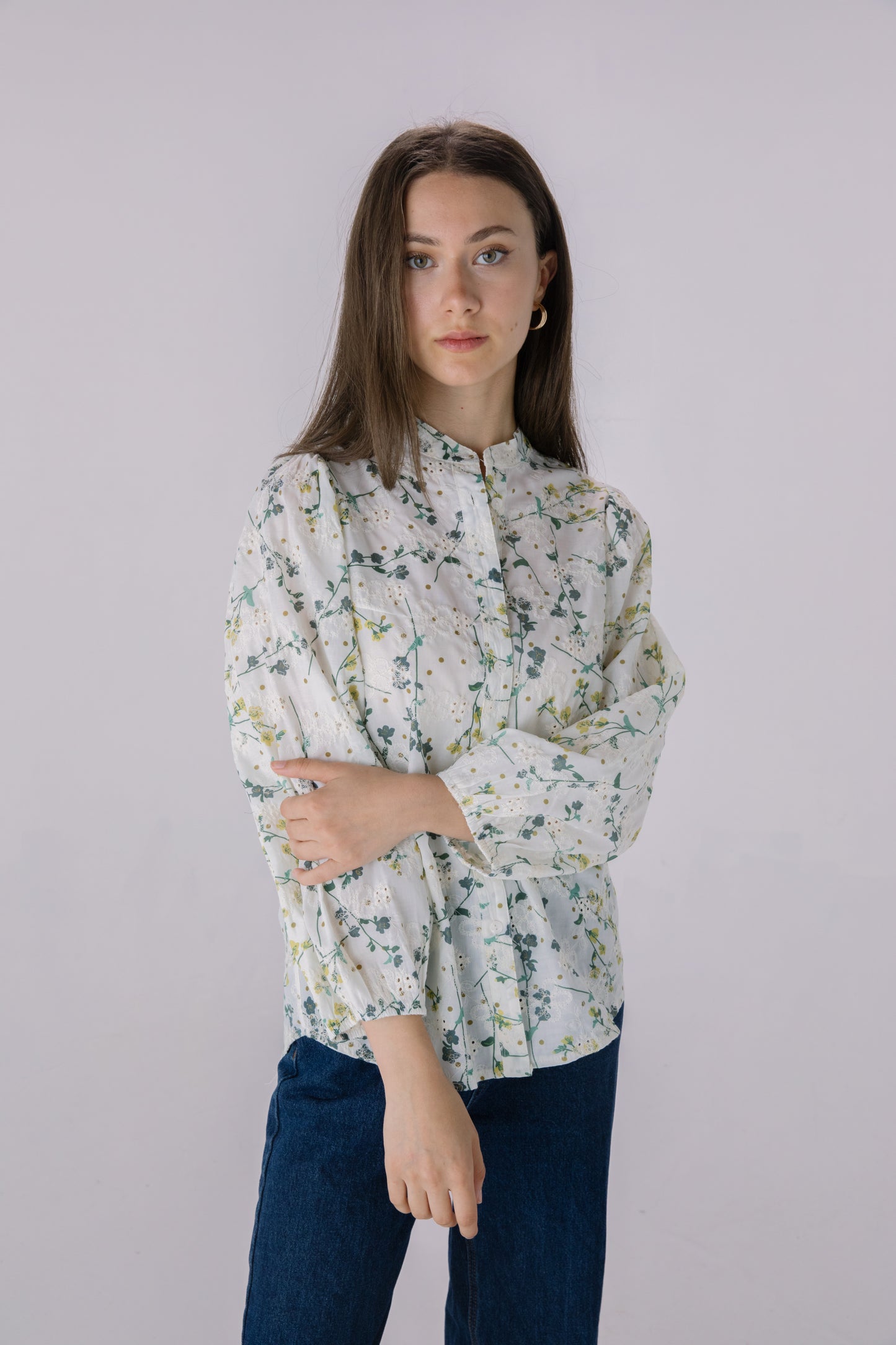 Floral Printed Embroidered Eyelet Long Sleeve Top