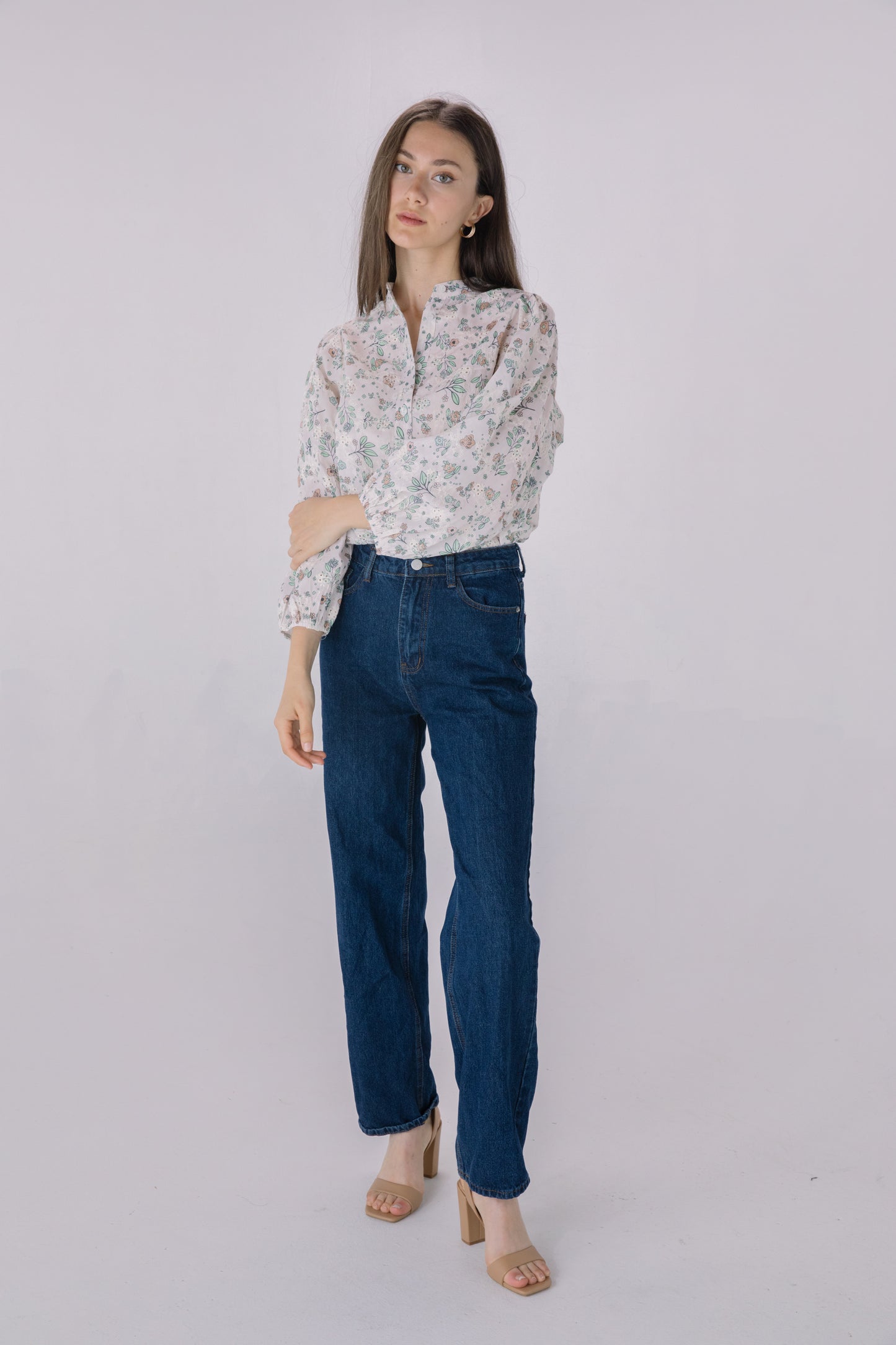 Floral Printed Embroidered Eyelet Long Sleeve Top