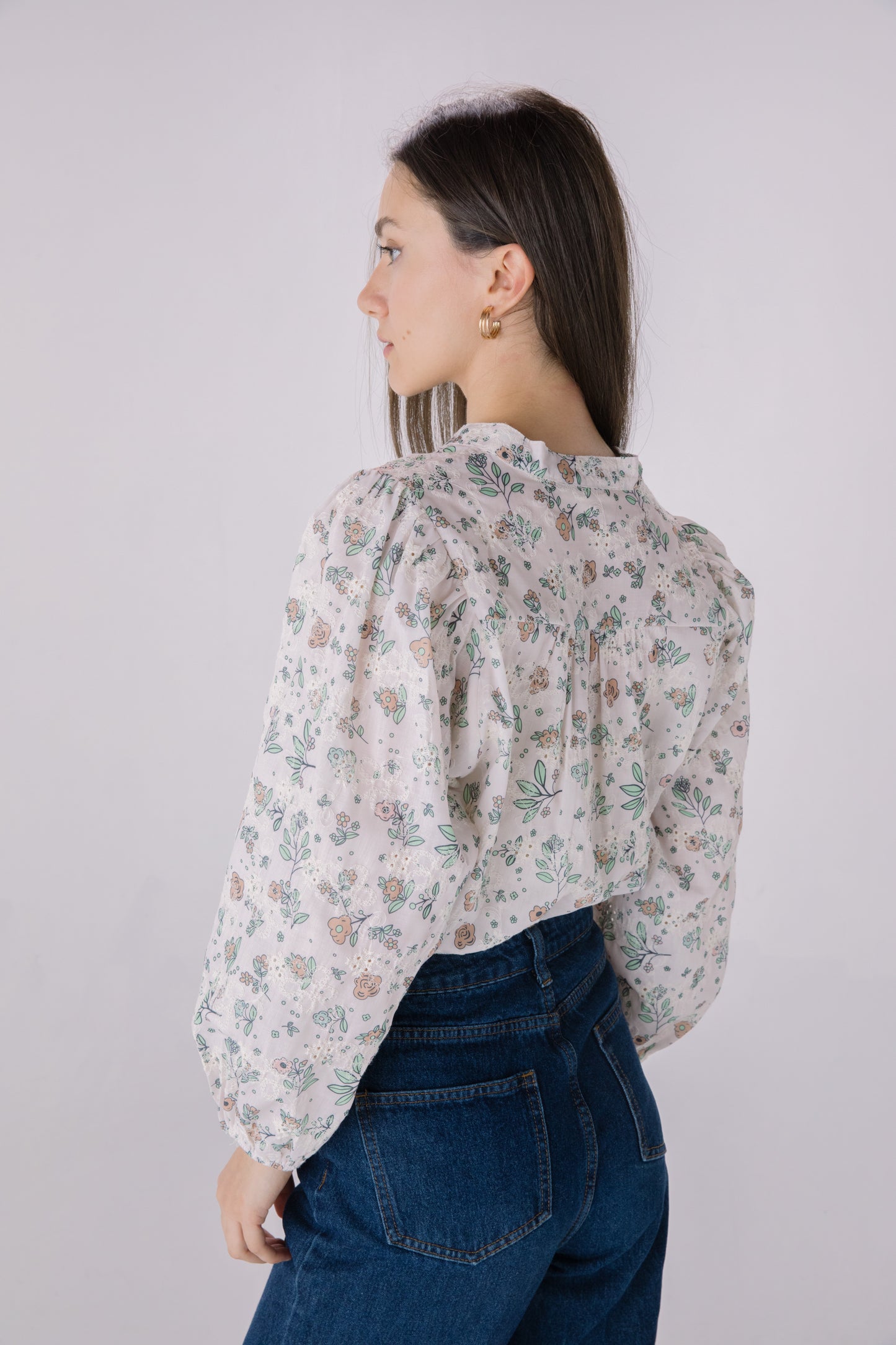 Floral Printed Embroidered Eyelet Long Sleeve Top
