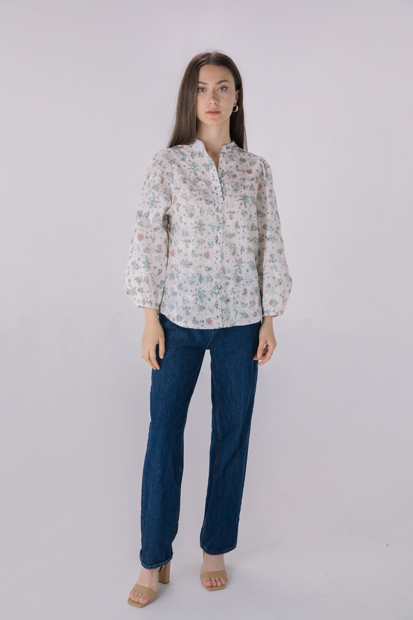 Floral Printed Embroidered Eyelet Long Sleeve Top
