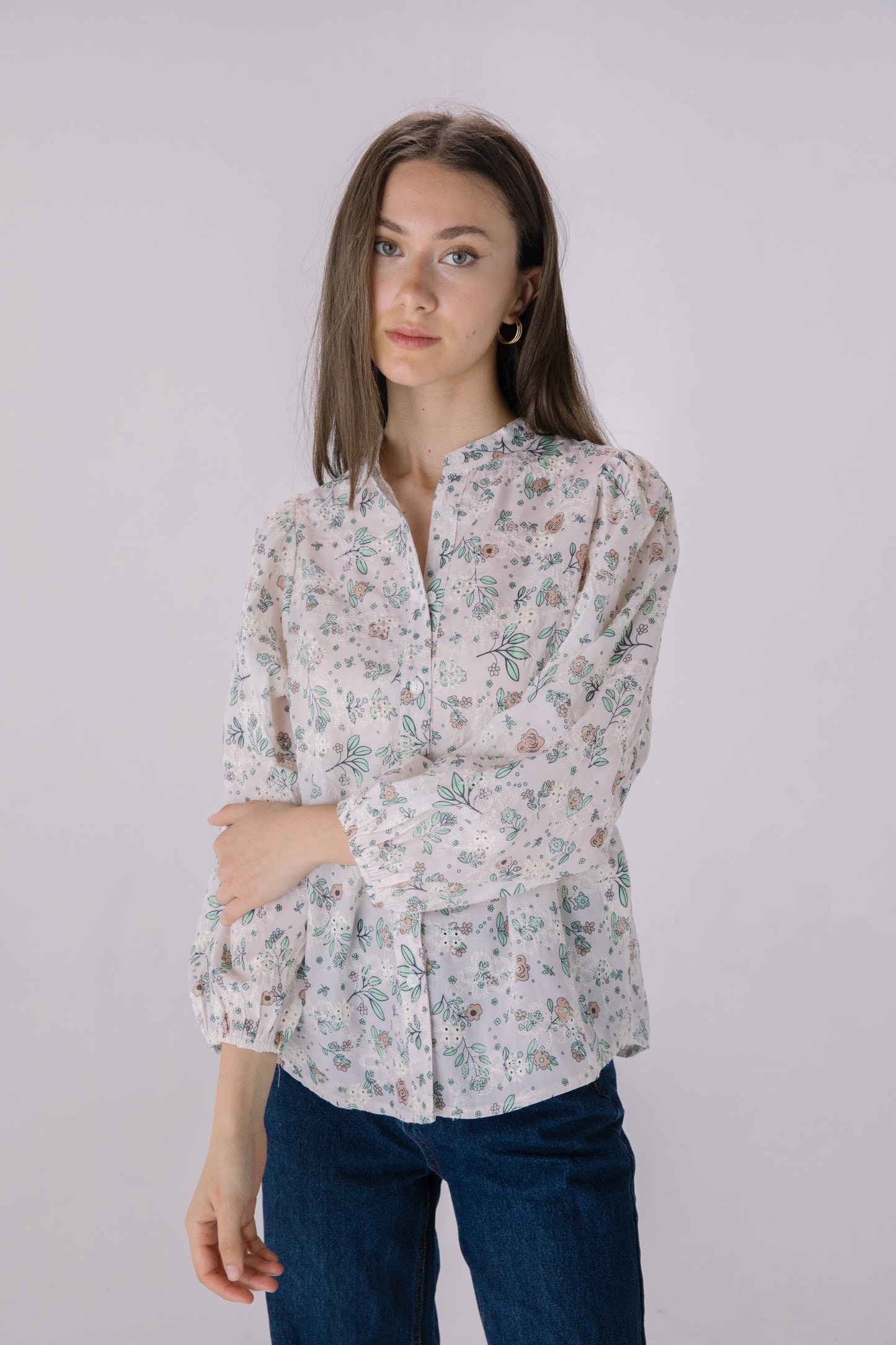 Floral Printed Embroidered Eyelet Long Sleeve Top