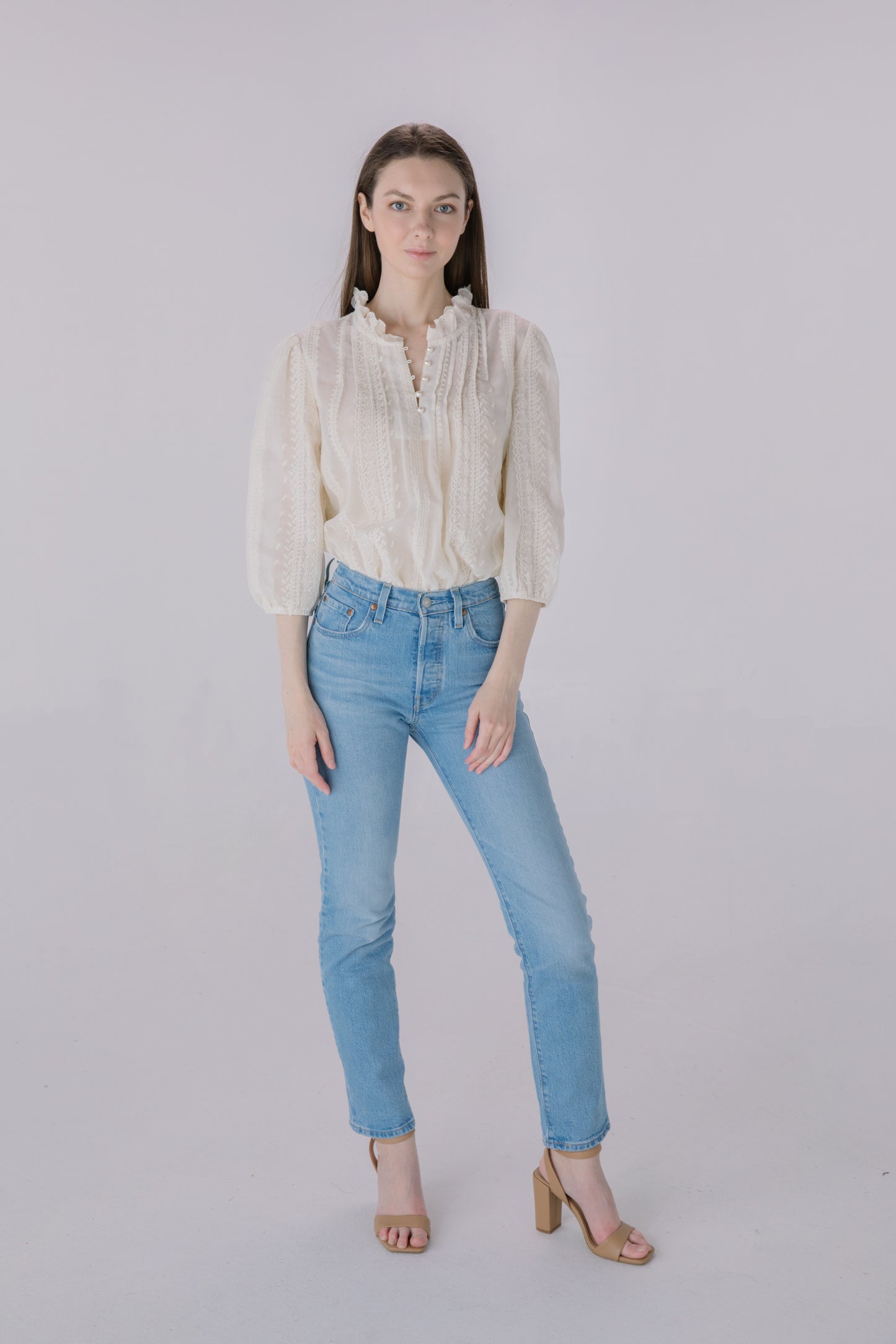 Beige Tonal Embroidered Chiffon Blouse
