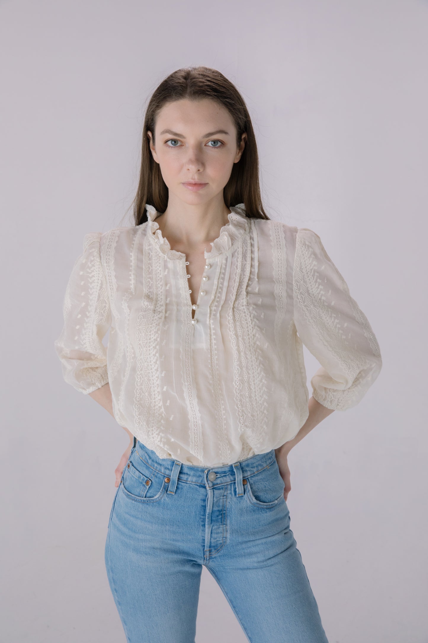 Beige Tonal Embroidered Chiffon Blouse