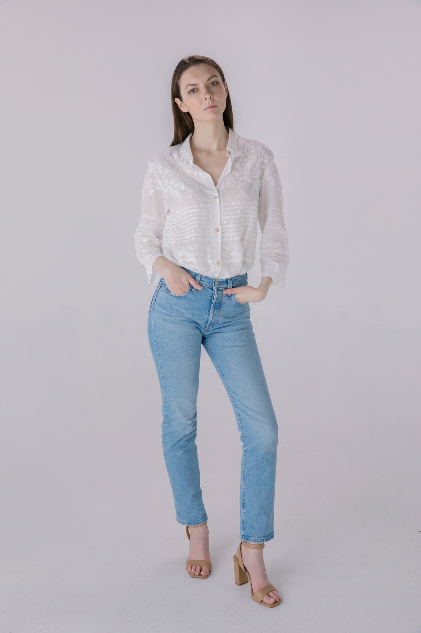 Ivory Tonal Embroidered Button Down