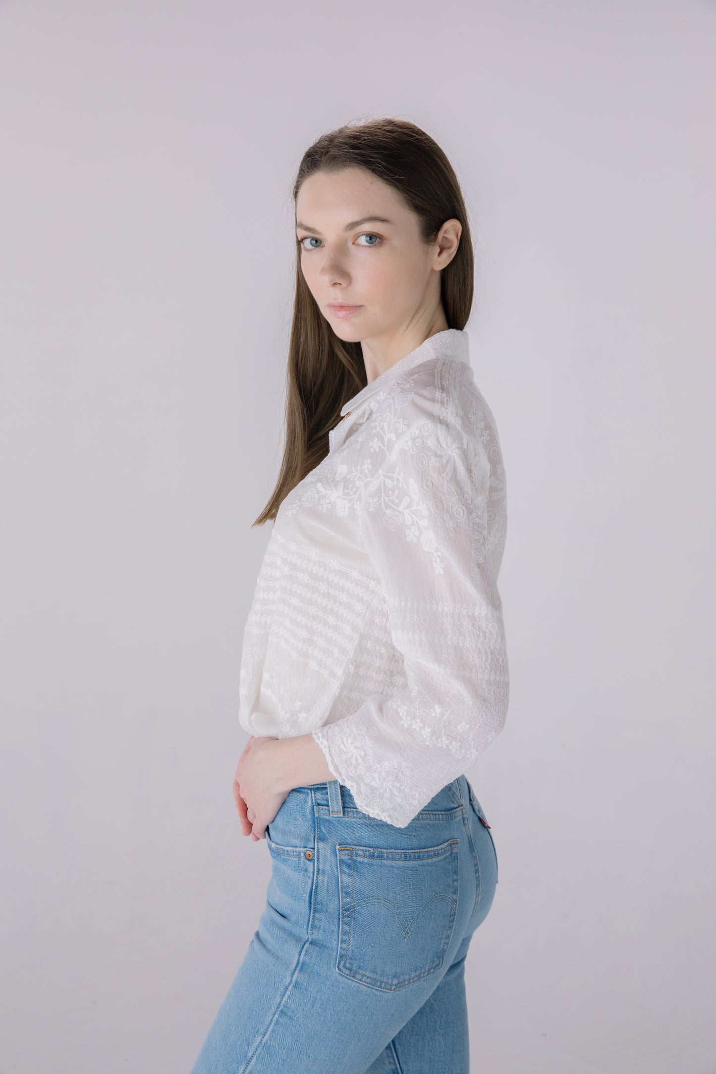 Ivory Tonal Embroidered Button Down