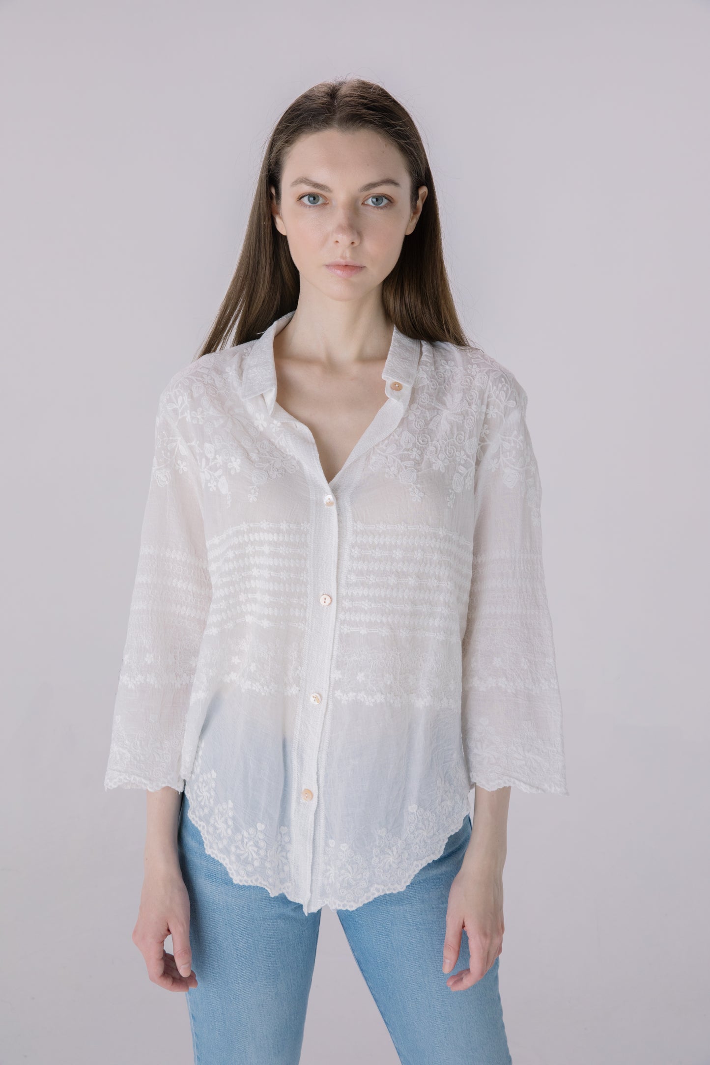 Ivory Tonal Embroidered Button Down