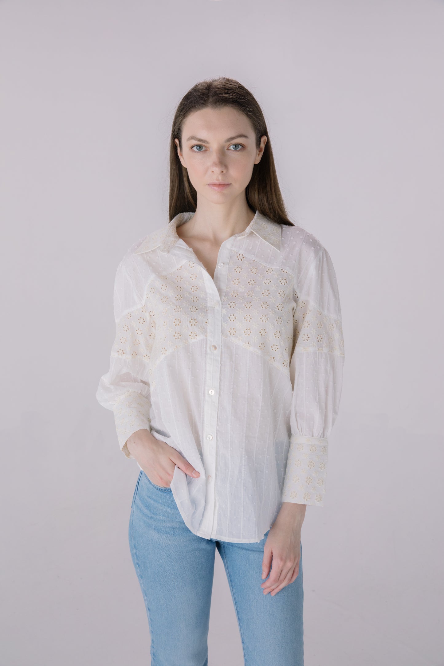 Ivory Mixed Media Button Down